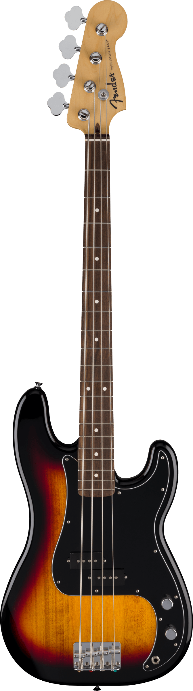 The image shows a Fender Precision Bass guitar with a sunburst finish. It features a natural wood headstock with the Fender logo and chrome tuning pegs, a rosewood fretboard with white dot inlays, a classic P-Bass body shape, black pickguard with split-coil pickups, and chrome bridge and control knobs. This 4-string bass is a staple instrument known for its vintage look and influential tone.