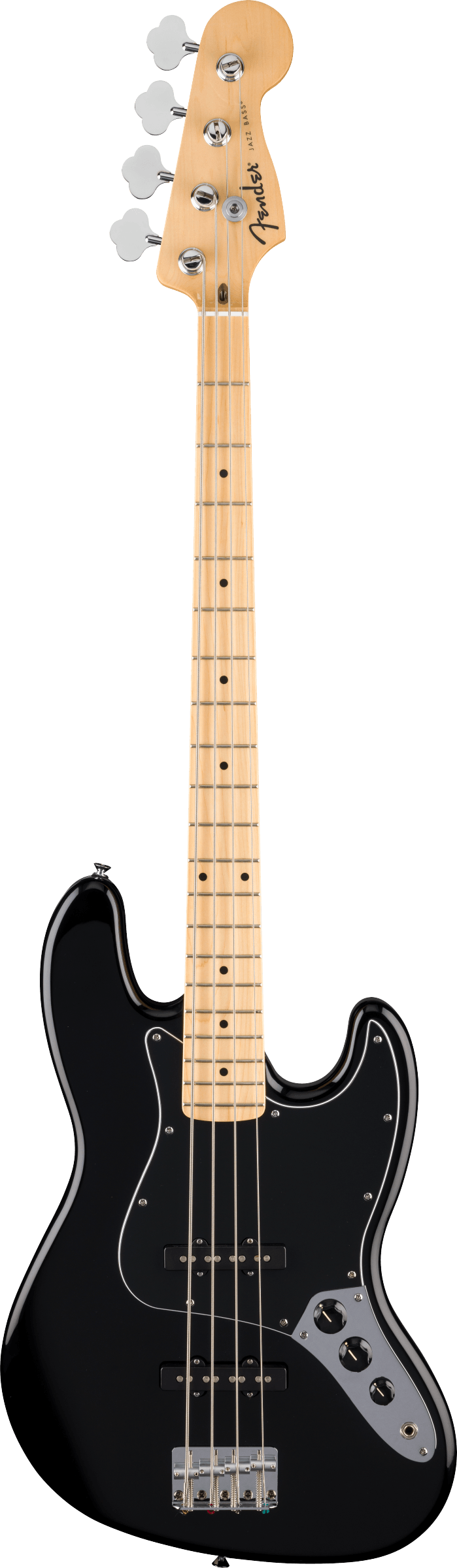 The image shows a Fender Jazz Bass electric guitar with a black offset double-cutaway body, light maple neck and fingerboard with dot inlays, and four strings. It features chrome tuning pegs in a 4-in-line headstock with the Fender logo, two single-coil pickups, a chrome bridge, and volume and tone controls. This classic 1960s design is known for its versatile tone and playability across many music genres.