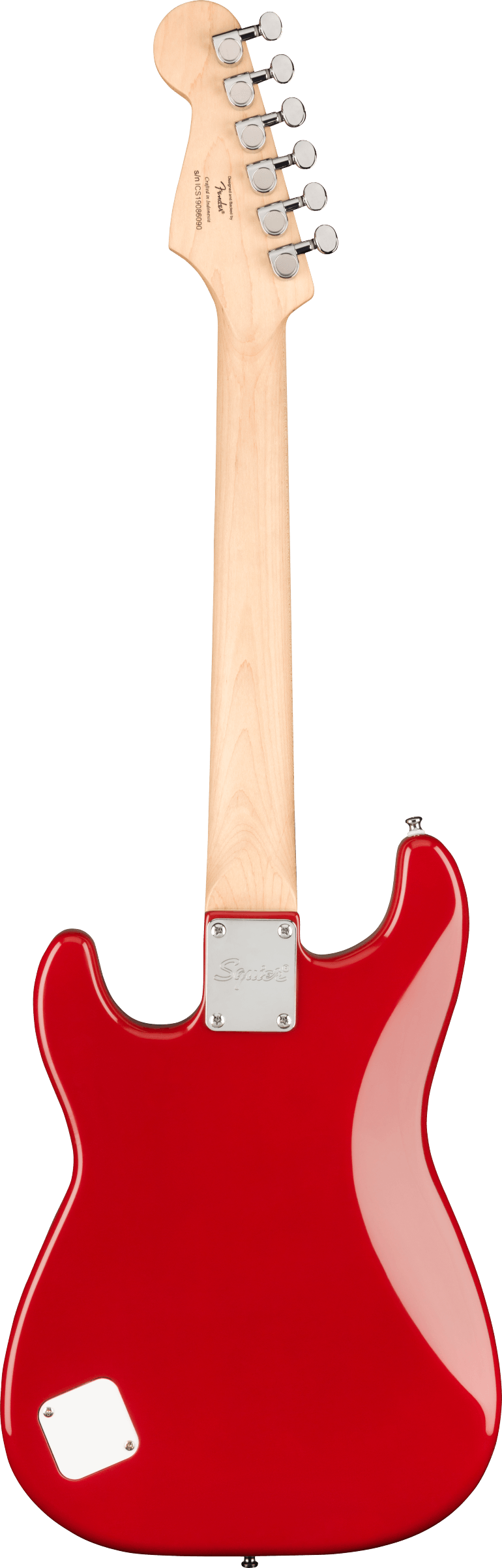 The image shows the back of a bright red (Candy Apple Red) Fender Stratocaster-style electric guitar. It has a natural maple neck and headstock with six chrome tuning pegs. A metal neck plate with a Fender logo attaches the neck to the body. The guitar features the classic contoured Stratocaster shape and a small rectangular cavity cover on the lower body. The clean finish suggests a new or promotional model of this iconic 1950s design.