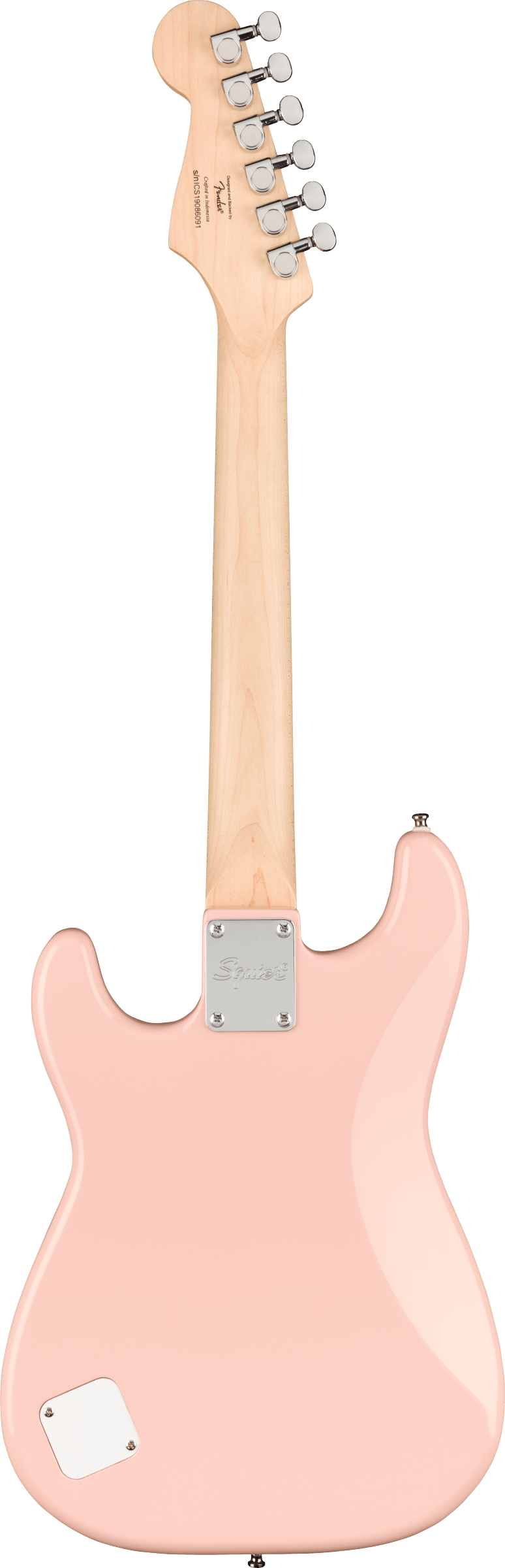 The image shows the back of a pink/coral Squier electric guitar with a maple neck and six chrome tuning pegs on the headstock. It features a contoured Stratocaster-style body, a chrome neck plate for the bolt-on neck, and a battery or control cavity cover on the lower bout. The finish is solid, highlighting the classic design typical of Squier, Fender’s affordable brand.