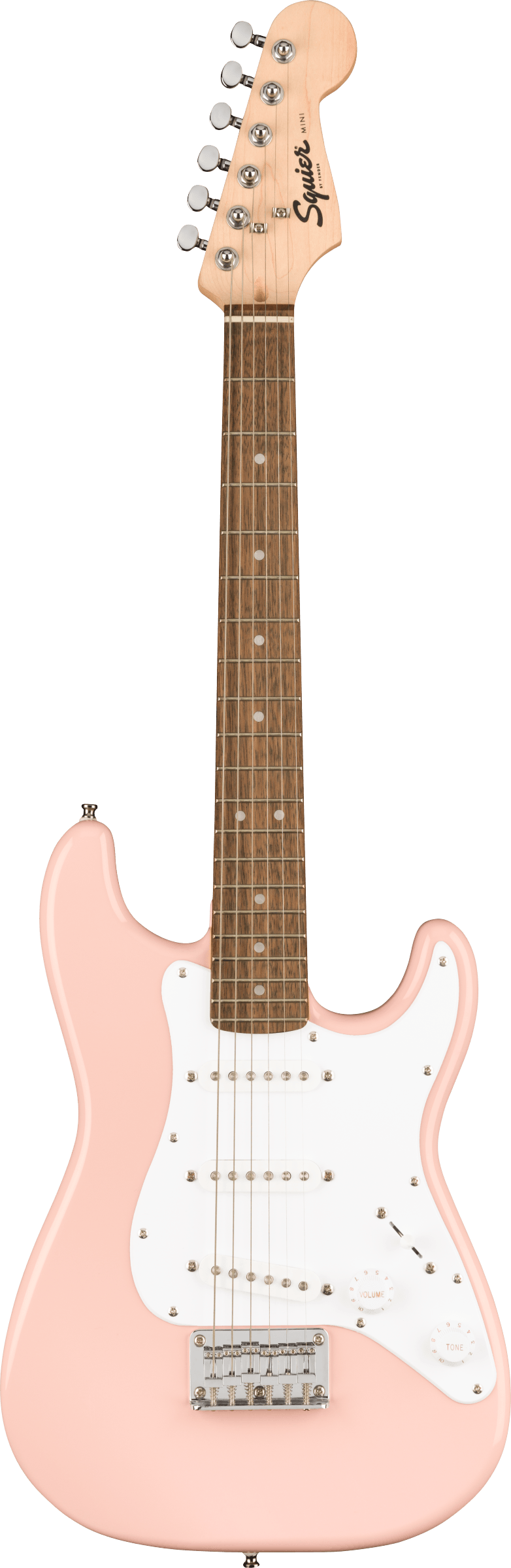 The image shows a Squier Stratocaster-style electric guitar with a distinctive shell pink finish. It features a solid body, white pickguard with three single-coil pickups, chrome hardware, a light maple headstock, and a darker fretboard with dot inlays. This budget-friendly model combines classic design and vintage-inspired style, making it ideal for beginners and intermediate players.