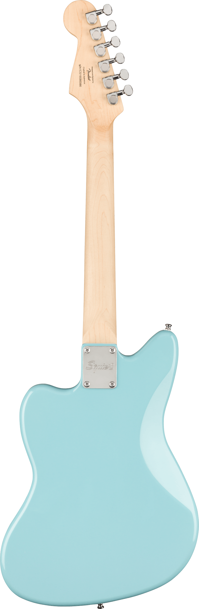 The image shows the back of a seafoam green electric guitar, likely a Squier by Fender, identified by the offset body shape and headstock. It features a natural maple neck and headstock with visible wood grain, six chrome tuning pegs in a 6-inline layout, and a chrome neck plate with the Squier logo. The clean, minimalist design highlights the classic Fender-style aesthetic.