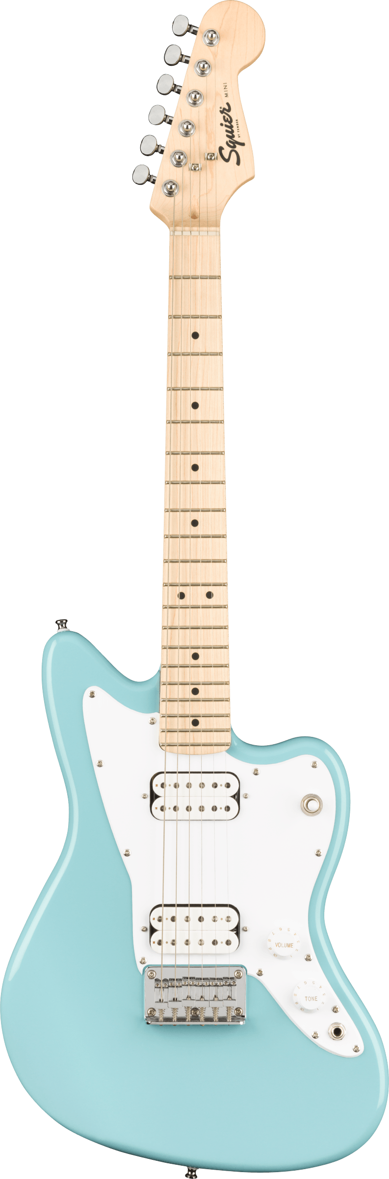 The image shows a Squier electric guitar modeled after the Fender Jazzmaster. It features a light blue/seafoam green body, white pickguard, two white-covered humbucker pickups, a maple neck with dot inlays, chrome tuning pegs, and traditional Jazzmaster offset body shape. The headstock displays the Squier logo. The hardware includes a chrome bridge and tailpiece, with standard volume, tone, and pickup controls, reflecting a vintage-inspired, affordable Fender design.