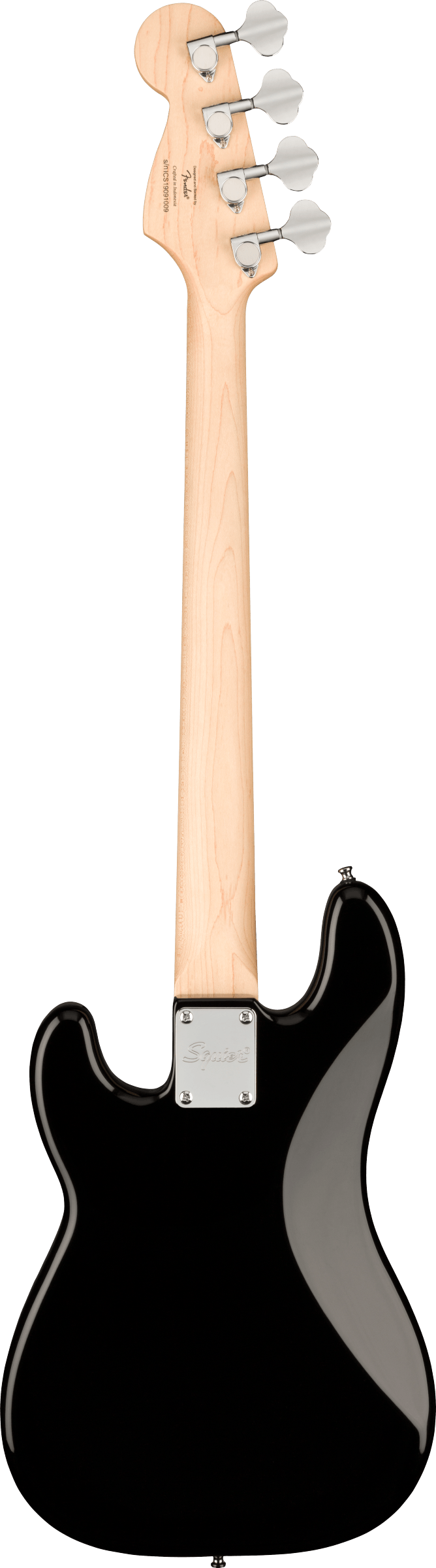 The image shows the back of a modern electric bass guitar with a natural wood neck and headstock, black glossy body, and four tuning pegs. It features a metal neck plate with a logo and a long scale length typical of bass guitars. The design resembles classic Fender Precision or Jazz basses, combining quality hardware and a timeless look suitable for studio and stage use.