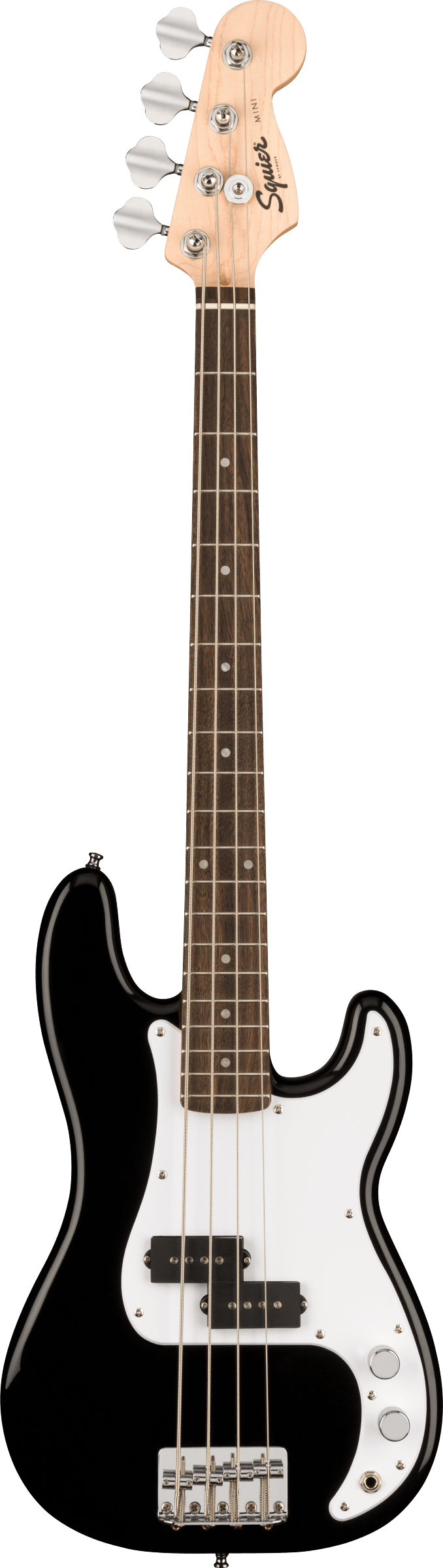 The image shows a Squier 4-string electric bass guitar with a black Precision Bass-style body, white pickguard, and a split-coil P-bass pickup. It features a maple neck with a dark wood fretboard, chrome hardware, and four tuning pegs on a natural wood headstock branded "Squier." Two control knobs are visible. This model likely belongs to Squier's Contemporary or Classic Vibe series, offering classic Fender Precision Bass design and sound at an affordable price.