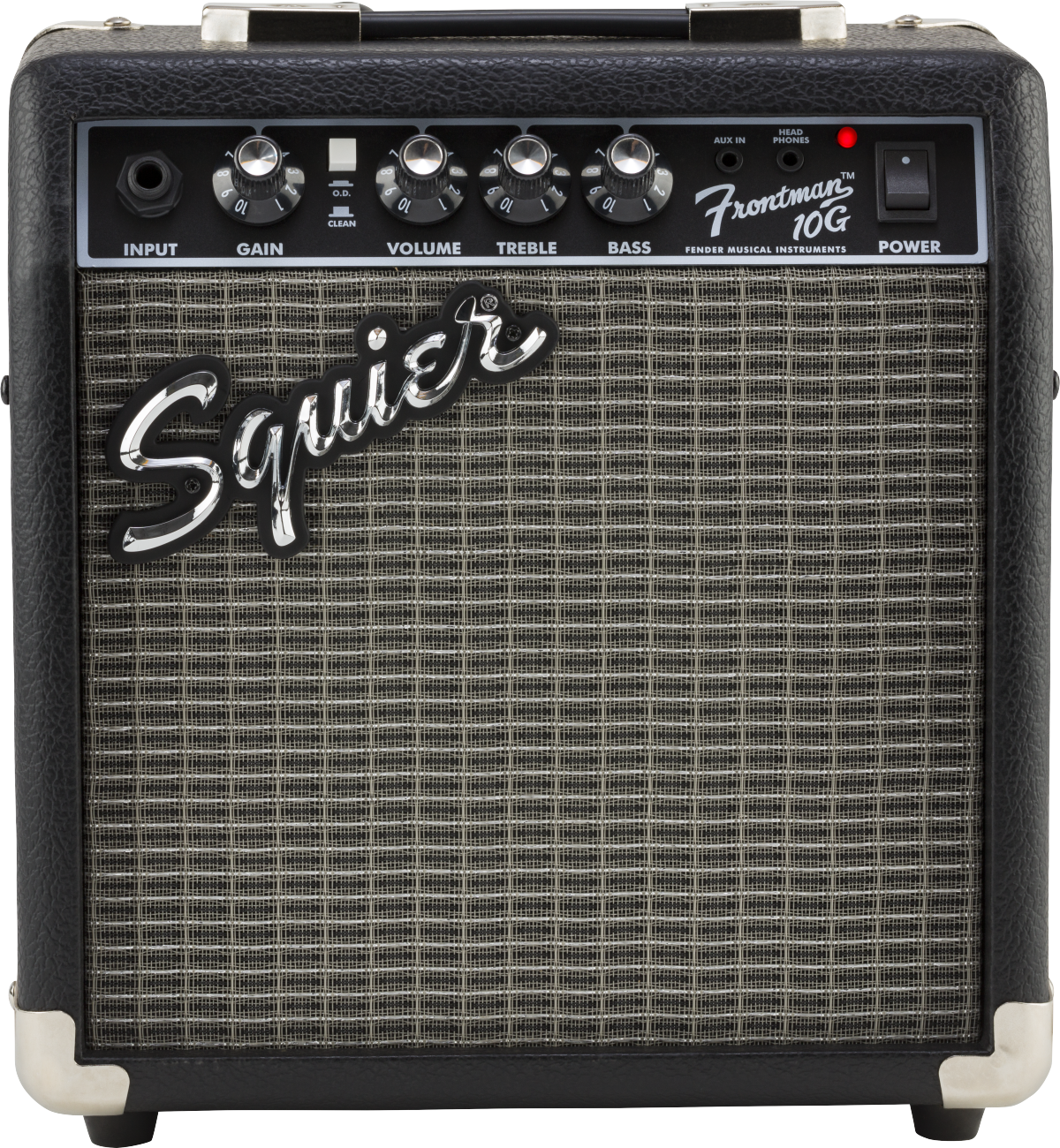 The image shows a Squier Frontman 10G guitar amplifier, a compact 10-watt practice amp with black vinyl covering, silver corner protectors, and a gray grille with the Squier logo. Controls include input jack, gain, clean switch, volume, treble, bass, aux input, headphone output, and power switch. It’s an affordable, entry-level amp ideal for beginners and small practice sessions.