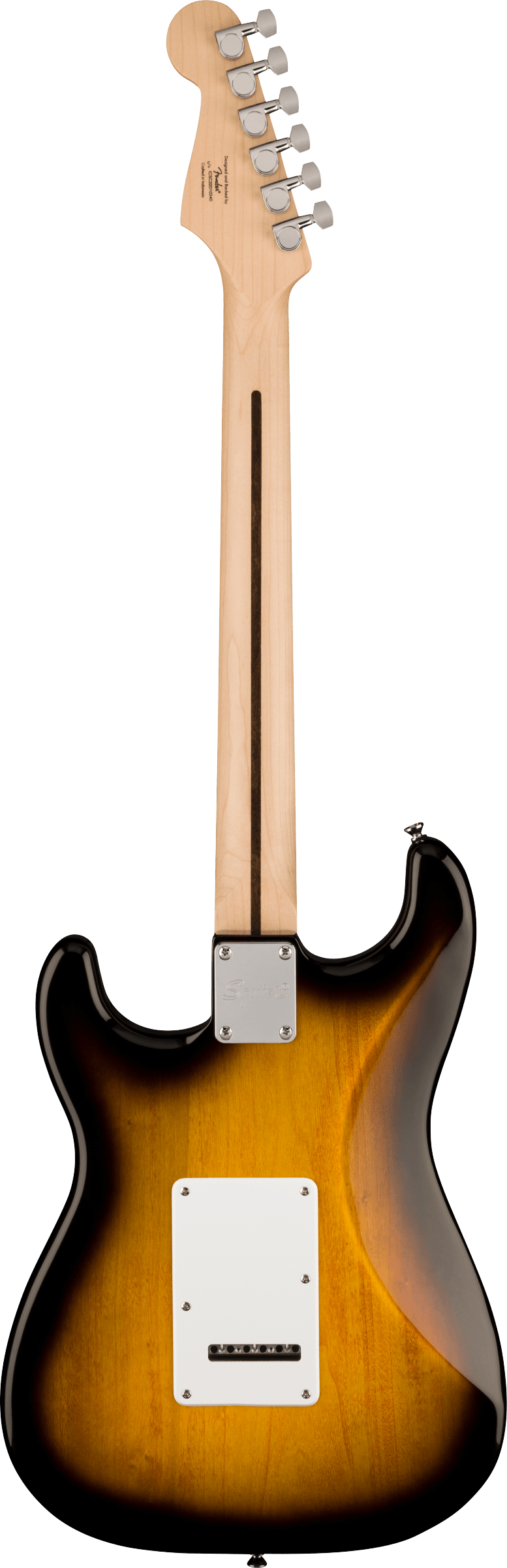 The image shows the back of a Stratocaster-style electric guitar with a natural maple headstock featuring six chrome tuning pegs in a 6-in-line layout and a visible logo. It has a maple neck with a dark center stripe and a contoured sunburst body. Visible hardware includes a chrome neck plate, white pickup cavity cover, and chrome tremolo cavity plate, indicating bolt-on neck construction.