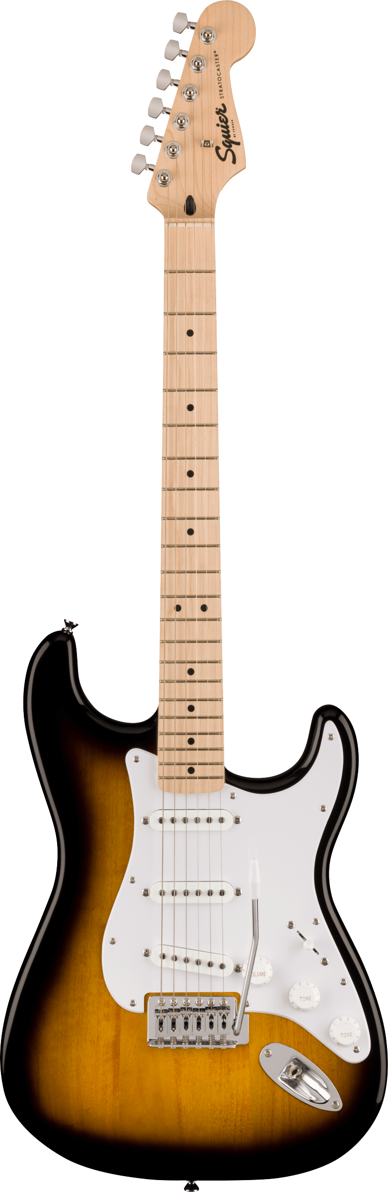 The image shows a Squier Stratocaster-style electric guitar with a sunburst finish, white pickguard, and three single-coil pickups. It features chrome hardware, a standard tremolo bridge, maple neck and fretboard with dot markers, and six tuning pegs. The "Squier" logo is visible on the headstock. This is an entry-level to intermediate guitar offering classic Fender design and sound at an affordable price.