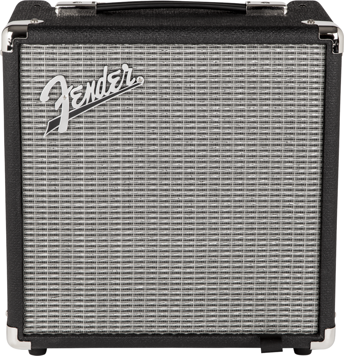 The image shows a compact Fender guitar amplifier with a black textured vinyl exterior, chrome corners and handle, and a silver-gray speaker grille. The white Fender logo is displayed on the front. This small combo amp, likely 10-40 watts, is designed for practice or small performances. It features the classic Fender design, known for its timeless style and widespread use by guitarists across genres.