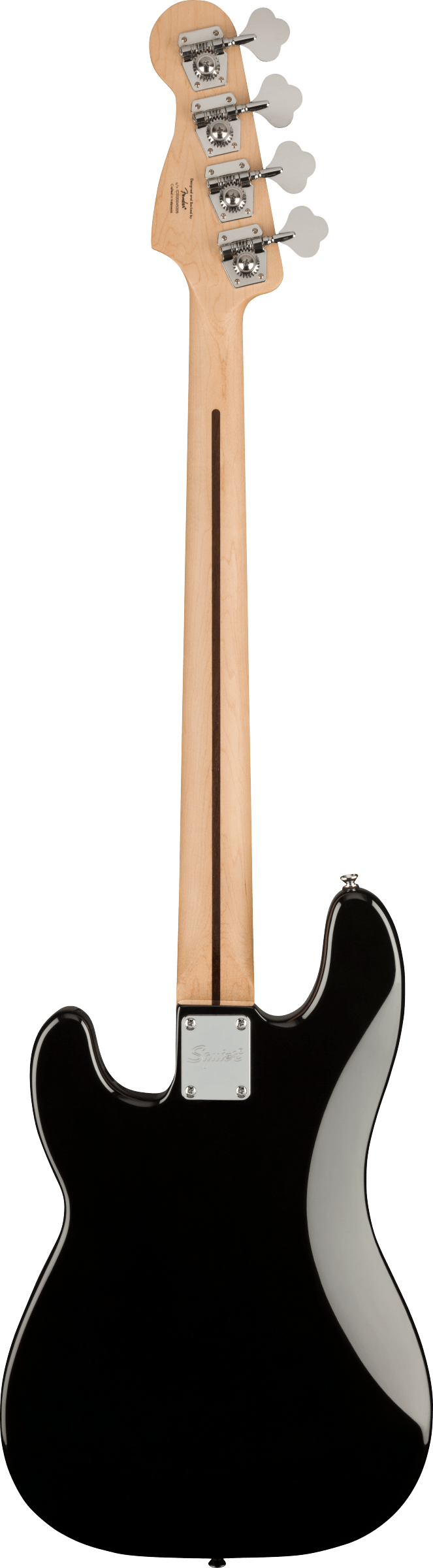 The image shows the back of a four-string electric bass guitar with a natural maple neck and headstock, featuring four chrome tuning pegs with white buttons. The body has a glossy black finish, and a metal neck plate indicates bolt-on neck construction. The design and proportions suggest a style similar to Fender Precision or Jazz basses. This string instrument is commonly used in genres like rock, pop, jazz, and funk.