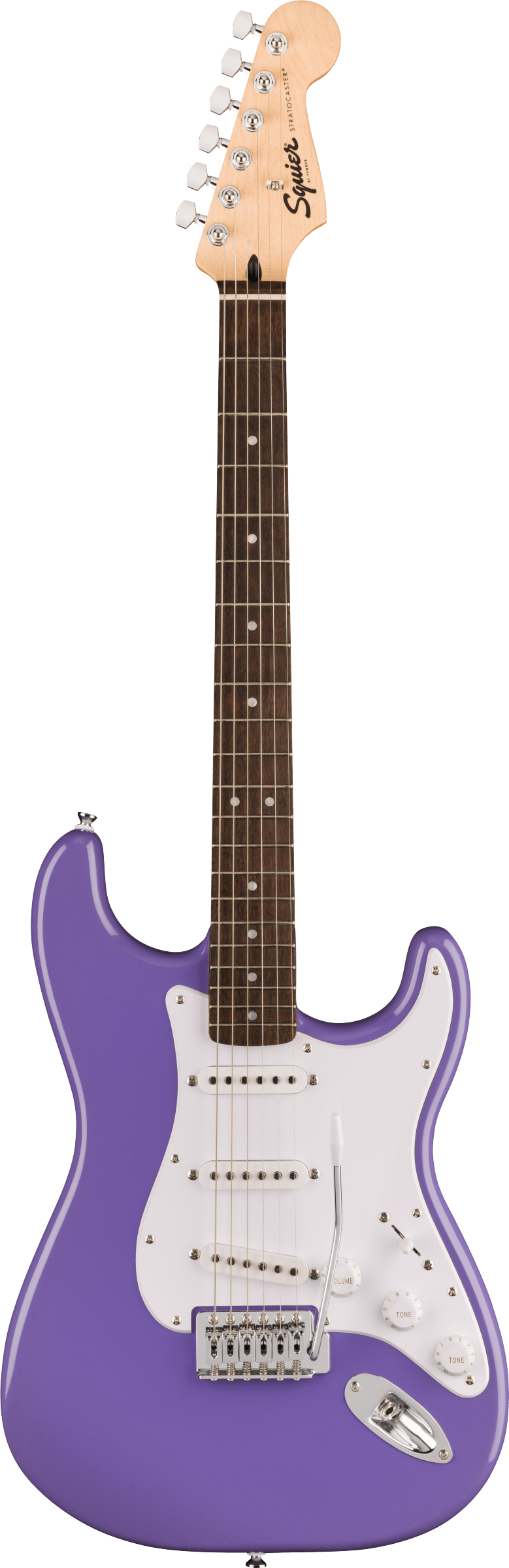 The image shows a Squier Stratocaster-style electric guitar with a glossy purple body, white pickguard, and three single-coil pickups. It has a maple neck with a dark rosewood fretboard and white dot inlays. The headstock features the Squier logo and six chrome tuning pegs. White pickup covers and control knobs complement the chrome tremolo bridge. This entry-level model offers classic Fender style and sound with a vibrant finish.