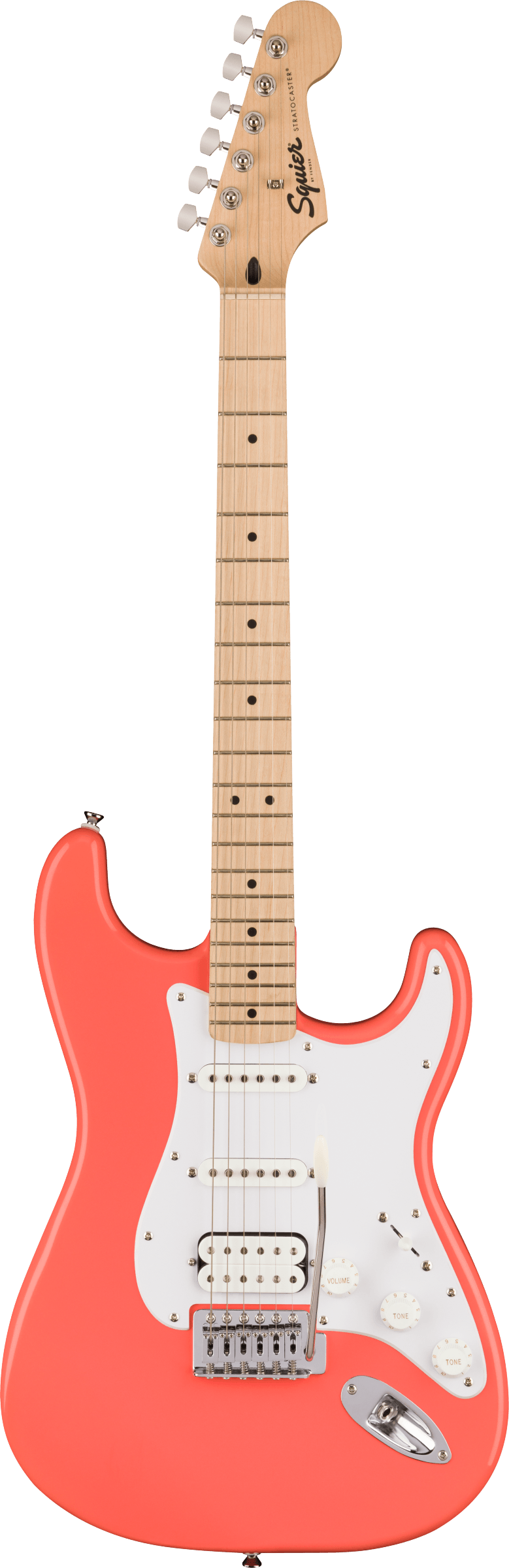 The image shows a Squier Stratocaster-style electric guitar with a coral pink contoured body and white pickguard. It features three pickups—two single-coils and a humbucker at the bridge—chrome hardware, a maple neck and fretboard with black dot inlays, and six-in-line chrome tuners. The Squier logo is visible on the headstock. This guitar offers a classic Fender look at an affordable price.