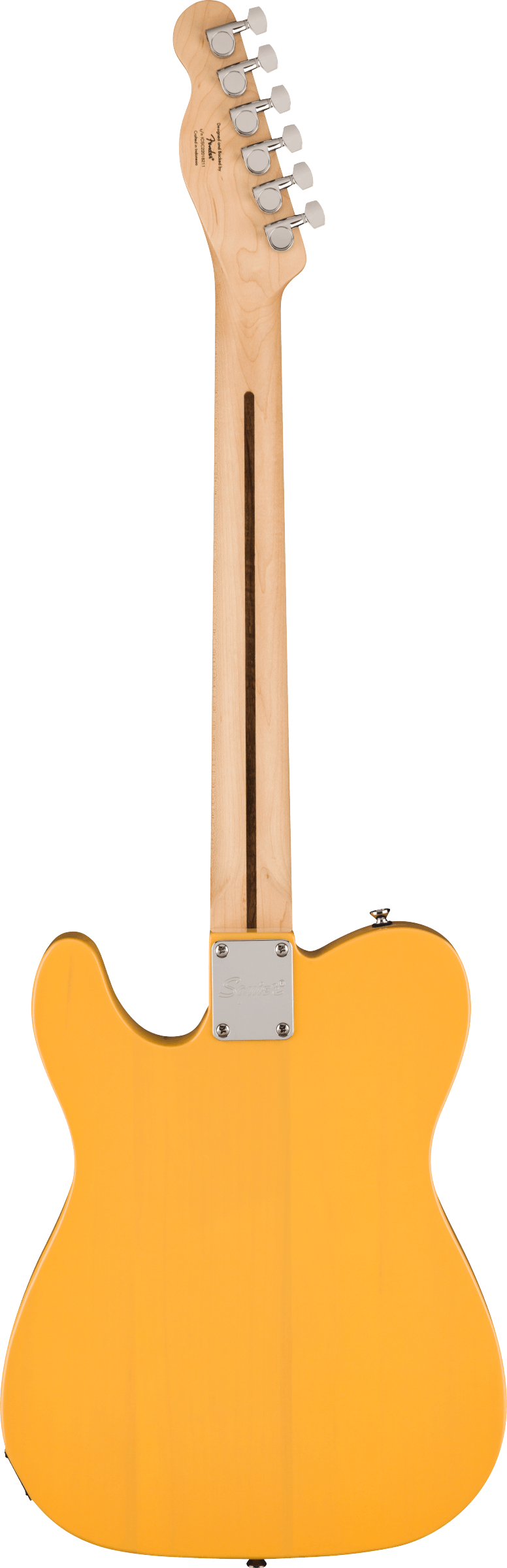 The image shows the back of a bright orange Telecaster-style electric guitar with a single-cutaway body. It features a natural maple neck and headstock with six chrome tuning pegs in a straight line, a metal neck plate indicating bolt-on construction, and a clean, minimalist design. The guitar is photographed against a white background, highlighting its professional finish and hardware.