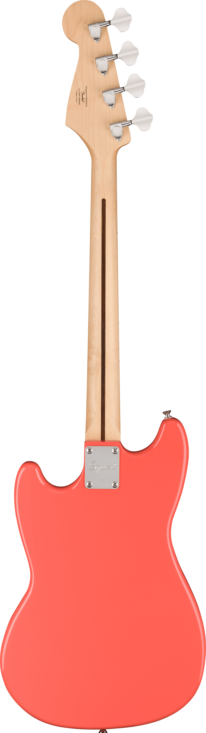 The image shows the back of a modern electric bass guitar with a coral-colored glossy body and natural wood finish neck and headstock. It features four tuning pegs, a metal neck plate, and a classic bass shape with curves and cutaways. The clean white background suggests a product photo, highlighting the attractive two-tone design reminiscent of classic Fender Precision or Jazz bass models.