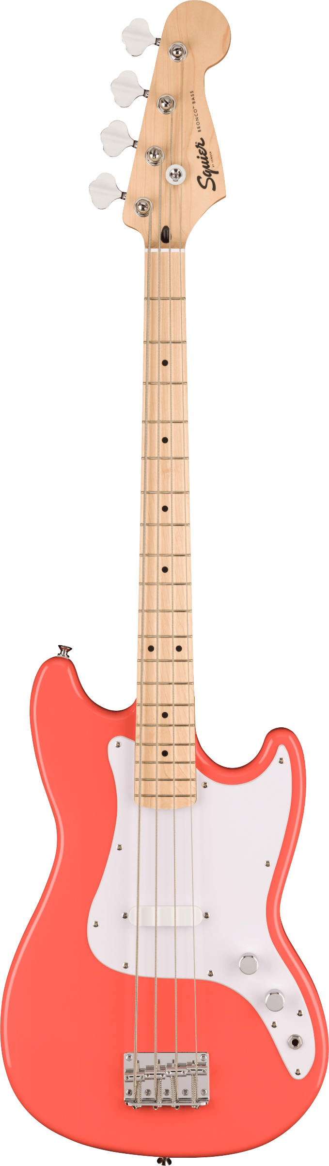 The image shows a Squier electric 4-string bass guitar with a bright coral body and white pickguard. It features a natural maple neck and fretboard, chrome tuning pegs, a single-coil pickup, and standard volume and tone knobs. The classic offset body and dot inlays reflect Fender’s style, combining vibrant aesthetics with accessible quality and classic bass sound.