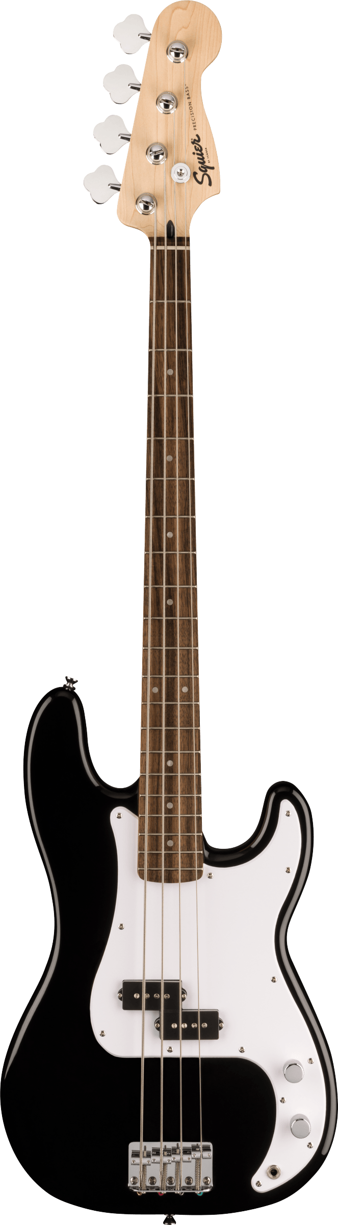 The image shows a Squier Precision Bass electric bass guitar with a classic 4-string P-Bass body shape. It features a black glossy finish, white pickguard, white pickup covers, and chrome bridge and tuning machines. The maple neck has a dark wood fretboard. The Squier logo is visible on the headstock. This modern P-Bass model offers the traditional Fender design and sound at an affordable price.