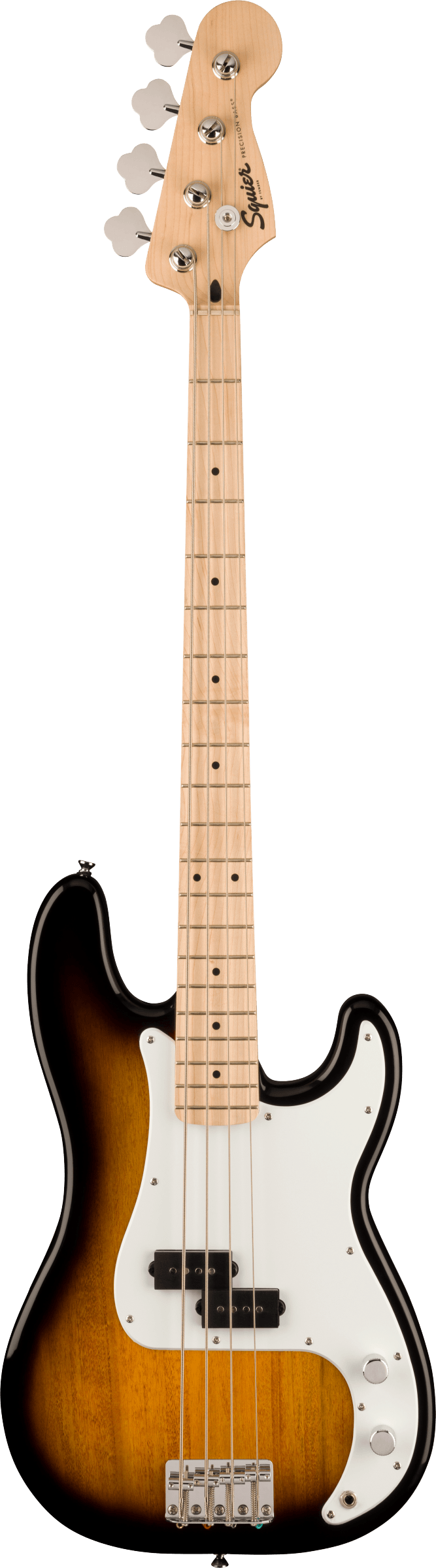 The image shows a Squier 4-string electric bass guitar with a classic Precision Bass-style sunburst body. It features a light maple neck with fret markers, a white pickguard, chrome hardware, and a split-coil P-bass pickup. The headstock displays the Squier logo and chrome tuning pegs. This entry-level instrument combines traditional styling and reliable features, suitable for beginners and versatile across various music genres.