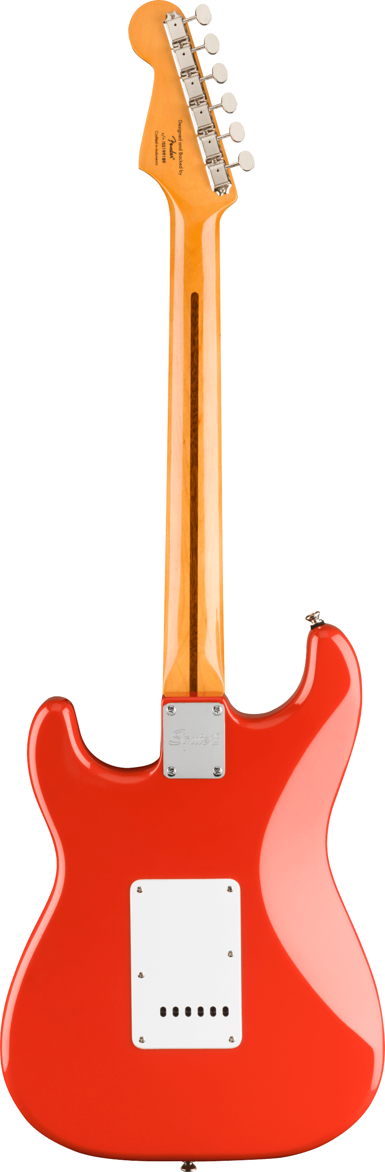 The image shows the back of a bright red/orange Stratocaster-style electric guitar with a glossy finish. It features a contoured body, white plastic back plates, and a bolt-on natural maple neck. The light-colored headstock has six chrome tuning pegs and visible branding. A metal neck plate secures the neck to the body, highlighting the clean, classic design and quality craftsmanship typical of this iconic guitar style.