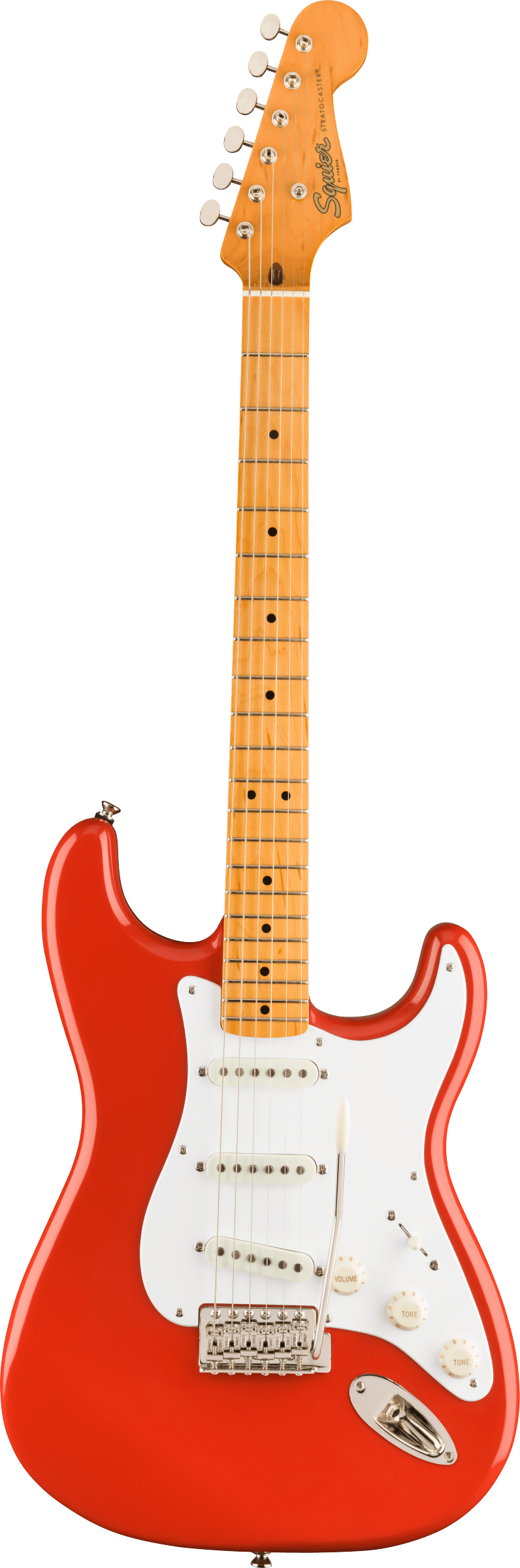The image shows a Squier Stratocaster-style electric guitar with a bright red/orange body and white pickguard. It has a maple neck with dot fret markers and six tuning pegs. The headstock features the Squier logo. The guitar includes three single-coil pickups, volume and tone controls, a pickup selector switch, and a tremolo bridge. This model offers classic Stratocaster design and sound at an affordable price.