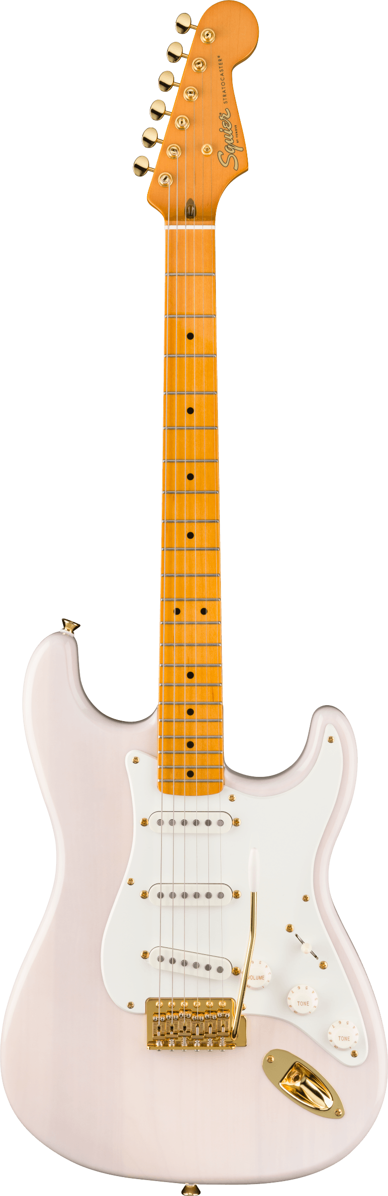 The image shows a Squier Stratocaster-style electric guitar with a light pink body and white pickguard. It features gold hardware, three single-coil pickups, standard controls, and a tremolo bridge. The maple neck has dot inlays, a natural finish, and six tuning pegs. The headstock displays the Squier logo. This higher-end Squier model combines vintage-inspired pink and gold aesthetics with Fender-style playability.