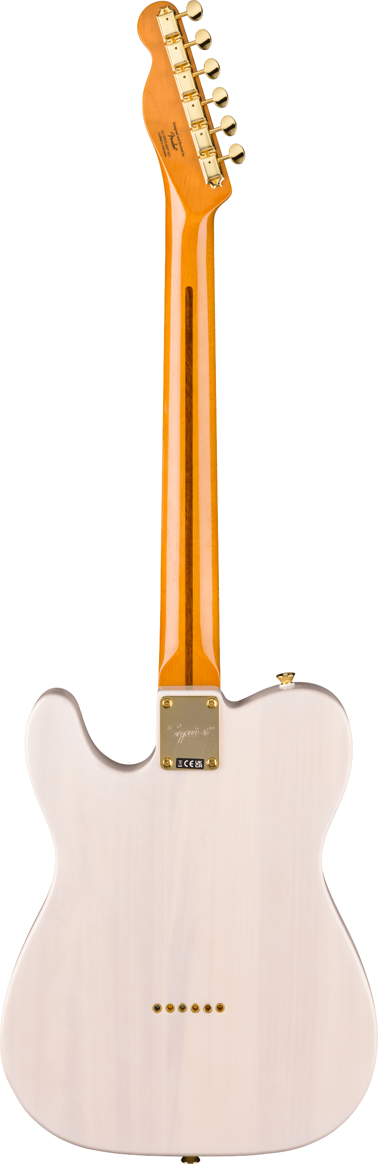 The image shows the back of a Telecaster-style electric guitar with a glossy light pink body and single cutaway. It features a bright amber maple neck with six gold tuning pegs and a classic Telecaster headstock. Gold hardware includes a neck plate with a logo and six string ferrules on the body’s rear, creating a vintage-inspired look with its pink, amber, and gold color combination.