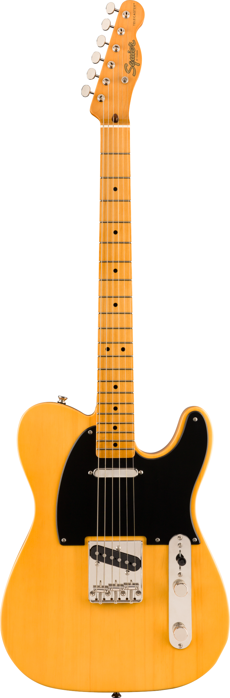 The image shows a Squier Telecaster electric guitar with a bright butterscotch blond finish and a maple neck. It features a classic single-cutaway body, chrome tuning pegs, black pickguard, two single-coil pickups, a three-way selector switch, volume and tone knobs, and a chrome bridge. The maple fretboard has black dot markers. The "Squier" logo is visible on the headstock, highlighting its Fender-affiliated, affordable design.