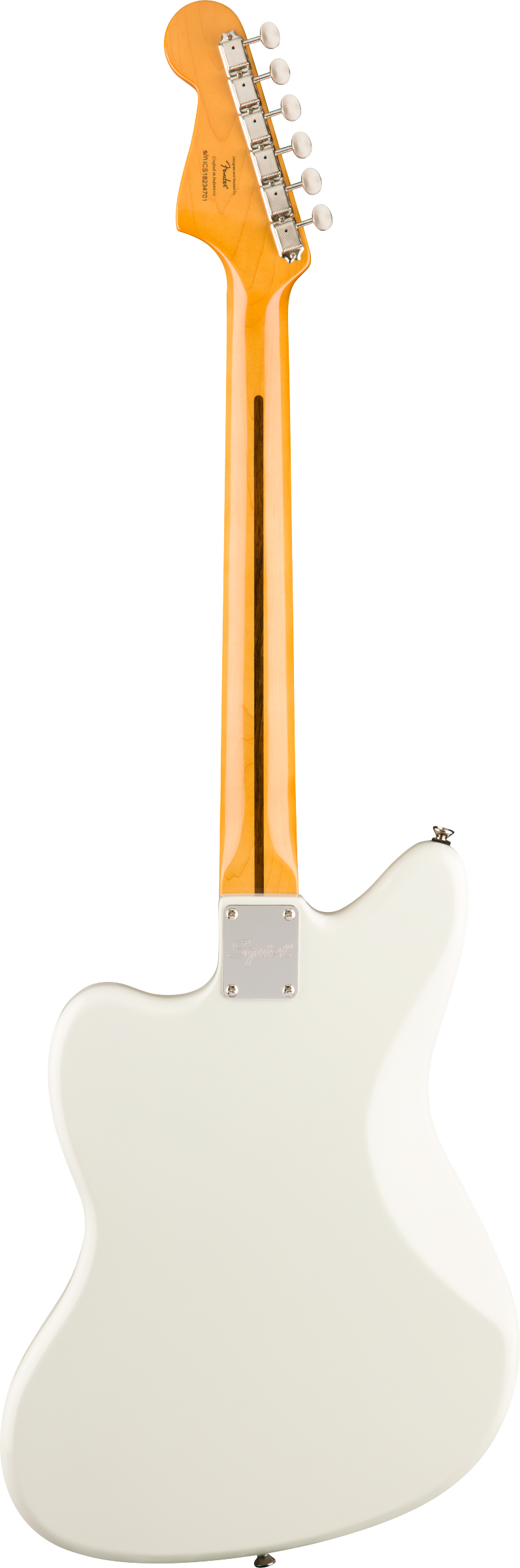 The image shows the back of a cream-colored, Fender-style electric guitar with a classic offset body shape. It features a golden maple neck and matching headstock with six chrome tuning pegs in a 6-in-line layout. The guitar has a bolt-on neck secured by a rectangular metal plate and chrome hardware throughout, highlighting a vintage-inspired yet timeless aesthetic.