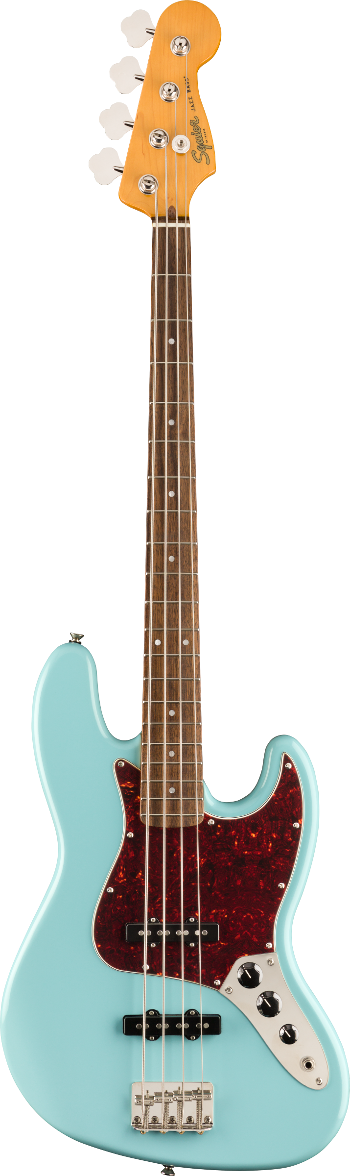The image shows a Squier 4-string Jazz Bass guitar with a light blue/seafoam green body, classic offset waist shape, and a dark tortoiseshell pickguard. It features a maple neck with a dark rosewood or pau ferro fretboard, white dot markers, chrome hardware, two single-coil pickups, and standard volume and tone controls. The Squier logo is visible on the headstock, representing Fender’s affordable, classic-style bass line.