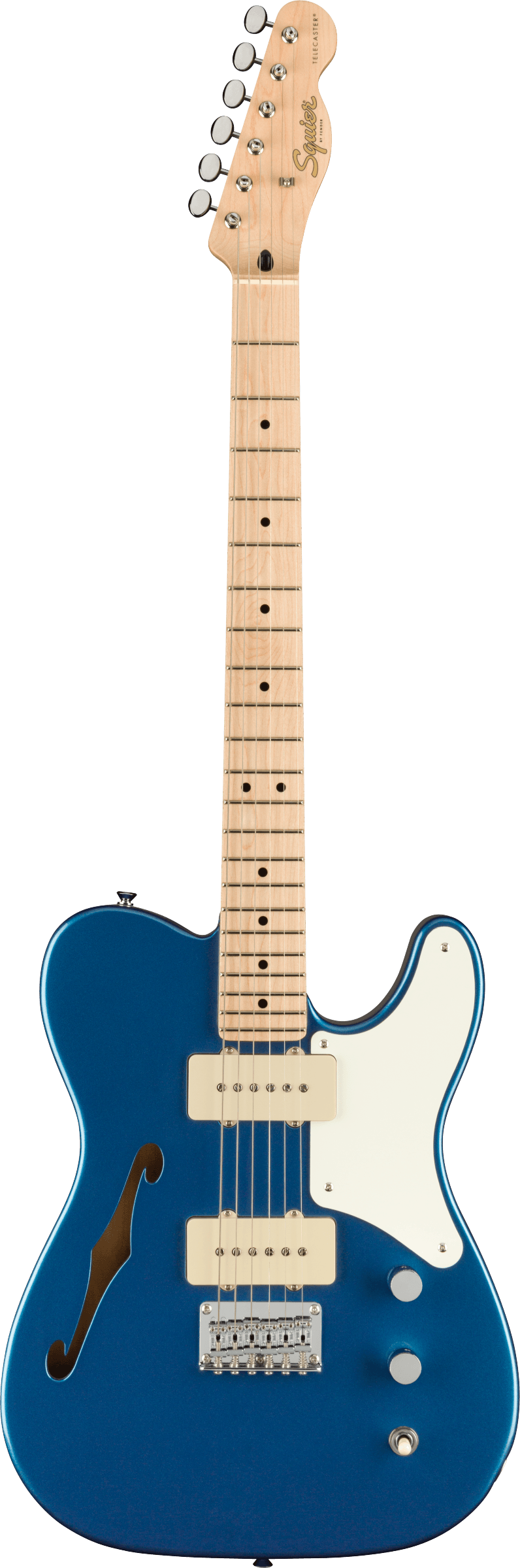 The image shows a Fender Telecaster-style electric guitar with a semi-hollow "Thinline" body in translucent blue, revealing the wood grain. It has a natural maple neck and fretboard with dot inlays, two single-coil (P90-style) pickups, a white pickguard, chrome hardware, and the classic Fender headstock with chrome tuners. This modern model blends classic Telecaster design with semi-hollow construction for versatile tones.