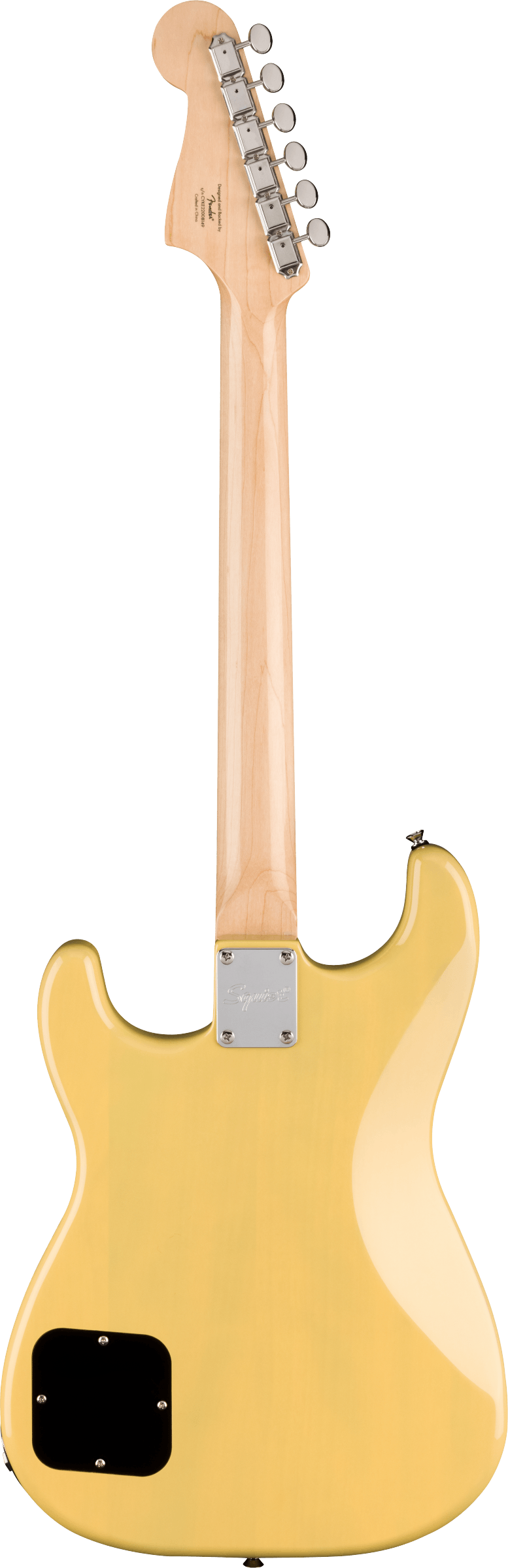 The image shows the back of a Fender Stratocaster-style electric guitar with a natural wood finish. It features a maple bolt-on neck, a classic Fender-shaped headstock with six chrome tuners in a line, a light blonde body with chrome neck plate, and a black cavity cover. The design reflects a vintage or high-quality tribute model with timeless chrome hardware and classic curves.