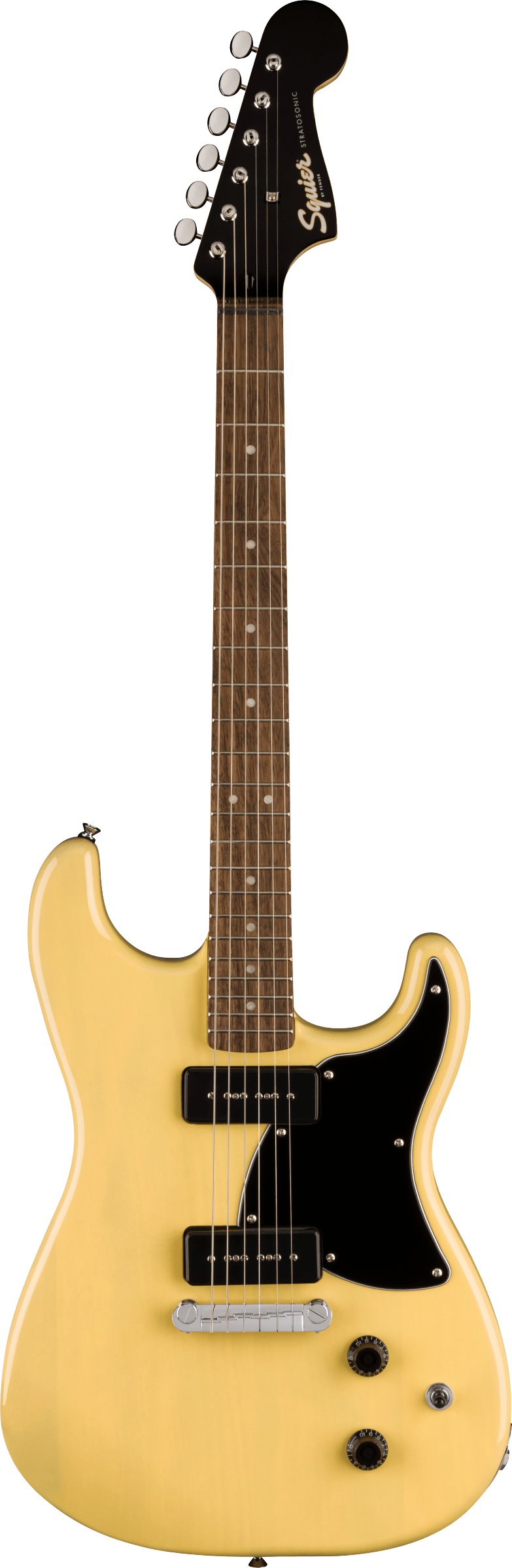 The image shows a Squier electric guitar with a yellow/cream double-cutaway body, black humbucker pickups, chrome hardware, and a black pickguard. It has a black headstock with the Squier logo and six inline tuning pegs, plus a dark wood fretboard with dot inlays. This affordable model, likely from the Contemporary or Modern series, offers solid build quality and high-output pickups suitable for rock, metal, and various styles.