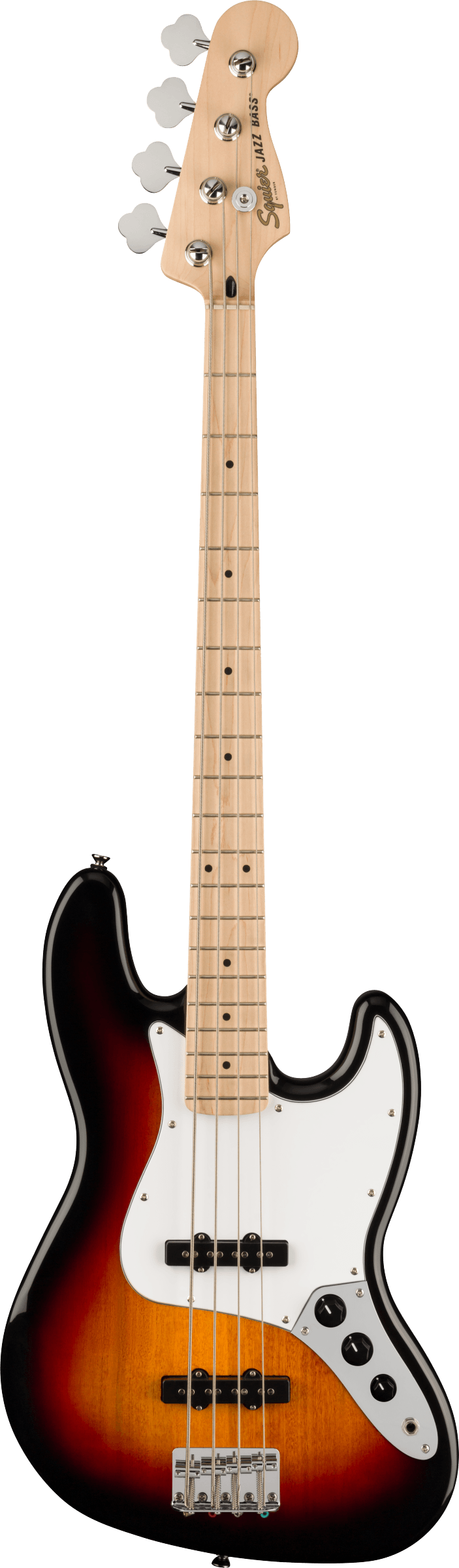 The image shows a classic Fender Jazz Bass electric guitar with a sunburst finish, white pickguard, and two single-coil pickups. It features a maple neck with dot markers, chrome hardware, three control knobs, and the distinctive Fender headstock with branding. The guitar is photographed against a white background, highlighting its iconic 4-string design known for versatile tone and playability.