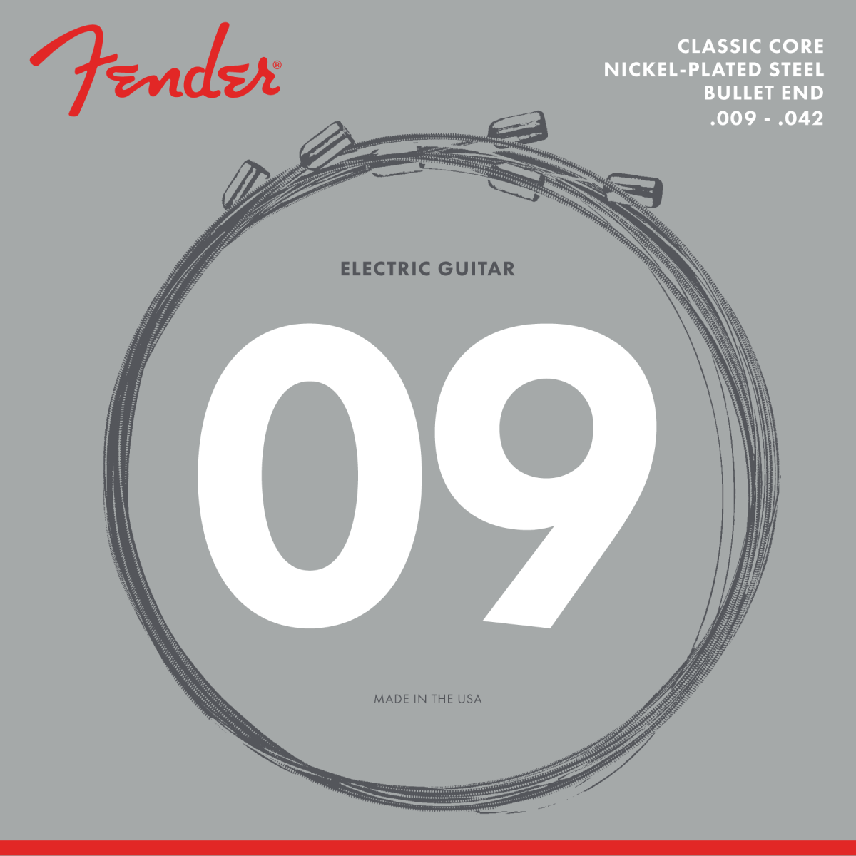 The image shows a package of Fender electric guitar strings with the red Fender logo. The strings are coiled in a circle, labeled as light gauge .009-.042. It specifies Classic Core Nickel-Plated Steel with Bullet End and has a "Made in the USA" mark. These strings are designed for Fender tremolo systems, offering balanced tone and good magnetic response.