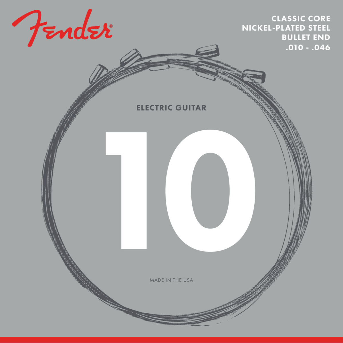 The image shows a Fender electric guitar string set package featuring the iconic red Fender logo. It is a light gauge (.010-.046) 10-string set made in the USA, with classic core, nickel-plated steel strings and bullet-end construction. The coiled strings are arranged in a circle on a gray background. The bullet ends enhance stability and sustain, designed for vintage-style Fender tremolo systems.
