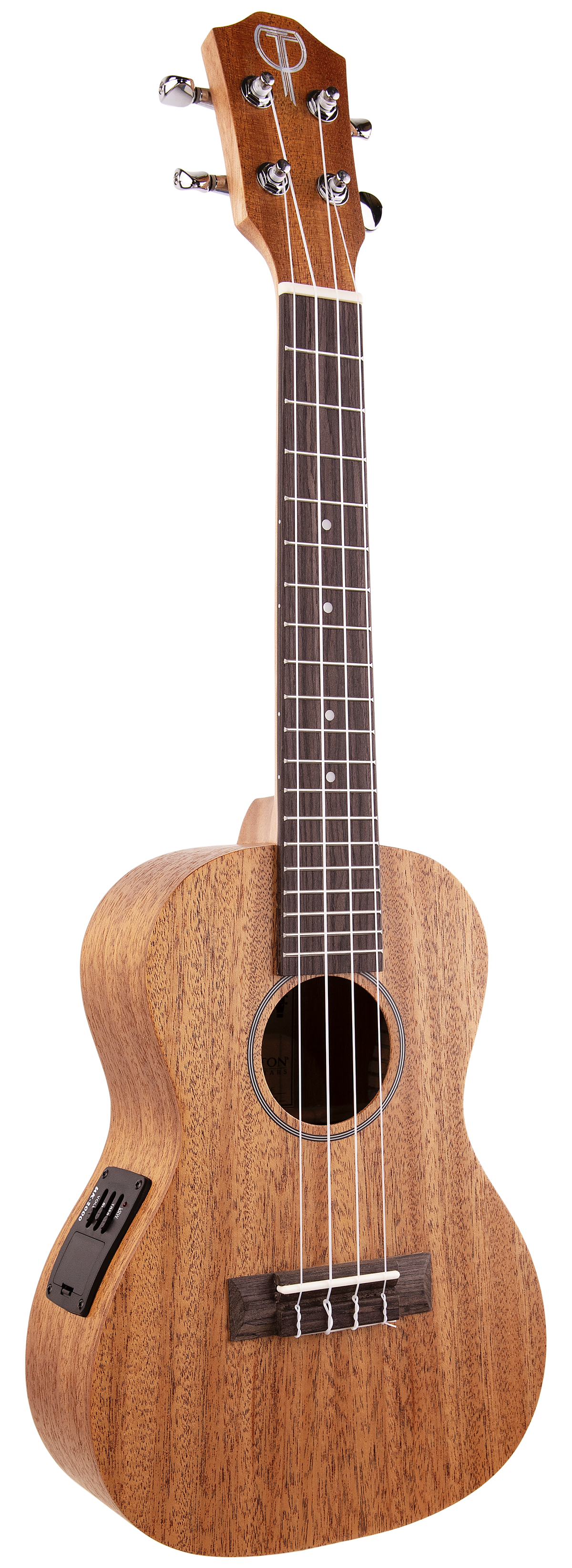 The image shows a ukulele, a small wooden stringed instrument with four strings, a fretboard with metal frets and dot inlays, and tuning pegs. It includes an electronic pickup and side controls, indicating it is an electric or electro-acoustic ukulele that can be amplified.