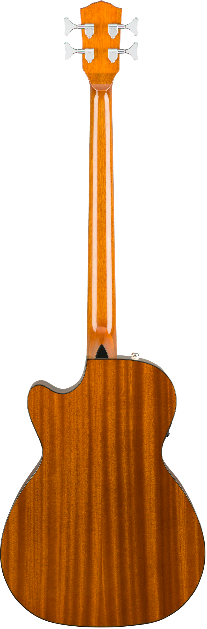 The image shows the back of an acoustic guitar with a figure-8 body shape, a long neck, and a headstock featuring four chrome tuning pegs. The wood has a warm amber finish with visible grain and dark binding around the edges. The glossy surface and clean craftsmanship suggest a high-quality, well-made instrument, possibly a tenor or bass guitar or part of a 6-string guitar’s tuning setup.