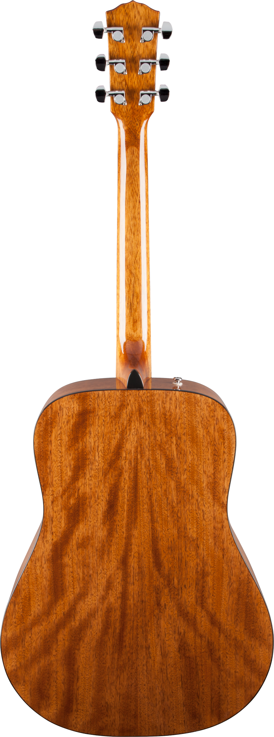 The image shows the back of a high-quality acoustic guitar with a rich, warm wood grain and a classic dreadnought shape. It features six tuning pegs with black knobs on the headstock, a strap button at the bottom, and a clean, professional finish. The natural wood grain and minimalist design highlight its craftsmanship, appealing to both amateur and professional musicians.