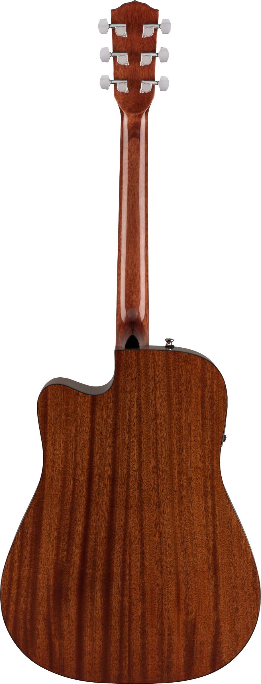 The image shows the back of an acoustic-electric guitar with a reddish-brown wood finish, likely mahogany or sapele. It features a cutaway body, a glossy wood grain back, and a traditional headstock with six white/chrome tuning pegs. Visible are an output jack and a possible control or battery compartment on the lower bout, indicating its acoustic-electric design. The guitar has a professional build with clean lines and balanced proportions.
