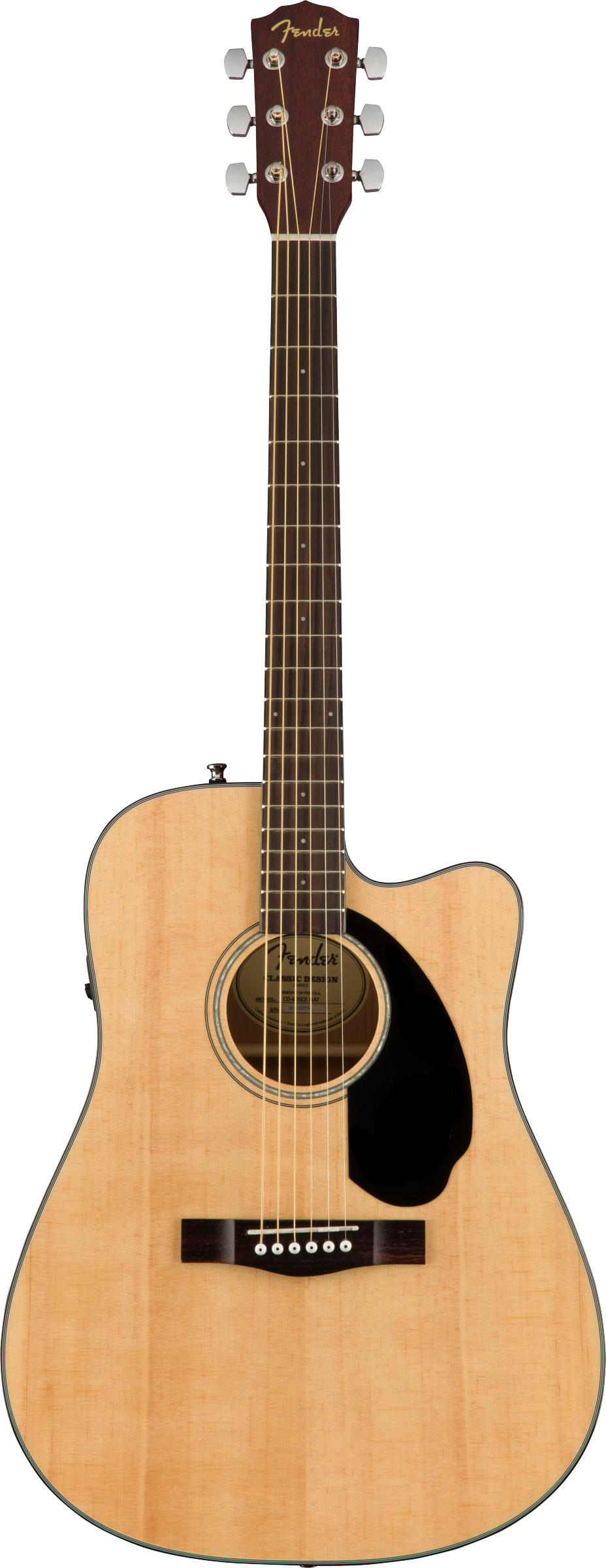 The image shows a Fender dreadnought acoustic-electric guitar with a cutaway design and natural wood finish. It features a pickup/preamp system, chrome tuning machines, a dark wood fretboard with standard markers, a black pickguard, and a traditional bridge with white pins. The Fender logo is visible on the headstock. This versatile guitar suits both unplugged and amplified playing, with the cutaway allowing easy access to higher frets.