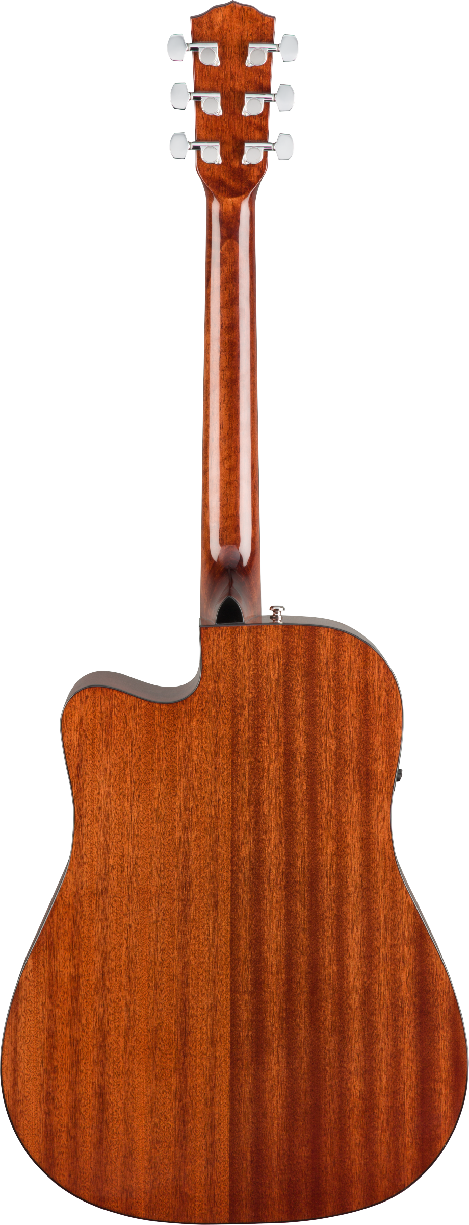 The image shows the back of a high-quality acoustic guitar with a polished, warm brown wood finish and visible grain. It features a cutaway body, six chrome tuning pegs in a 3+3 layout, and a dreadnought-style shape. The wood appears to be mahogany or similar hardwood, highlighting a sleek, premium tonewood construction typical of electric-acoustic guitars designed for stage use.