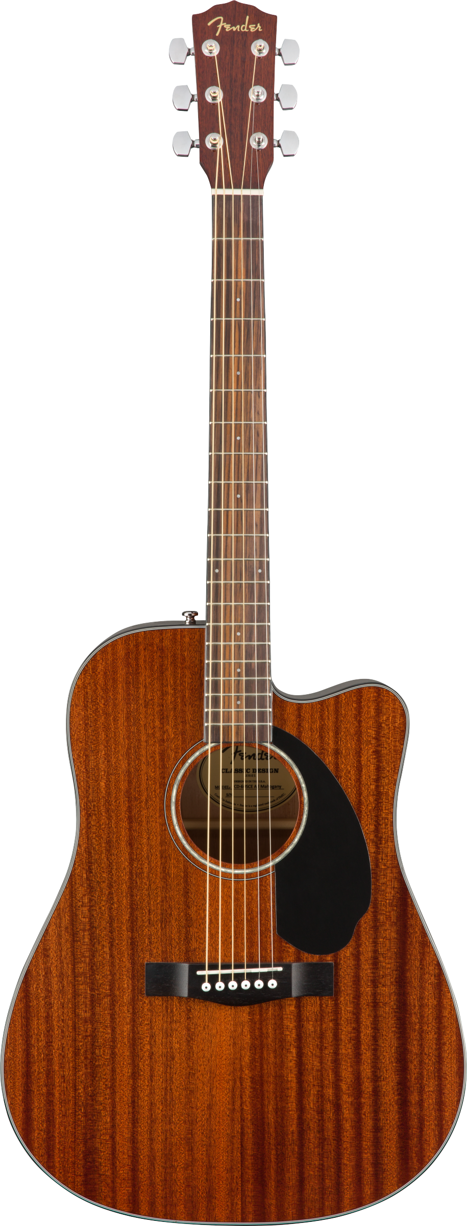 The image shows a Fender acoustic guitar with a cutaway dreadnought body. It features a natural wood finish highlighting a warm-toned wood grain, a black pickguard, and chrome tuning pegs. The headstock displays the Fender logo with 6 steel strings and standard tuning pegs. The dark fretboard has dot markers, and the sound hole has a decorative rosette. This mid-to-high-end model blends classic design with versatility for rhythm and lead playing.