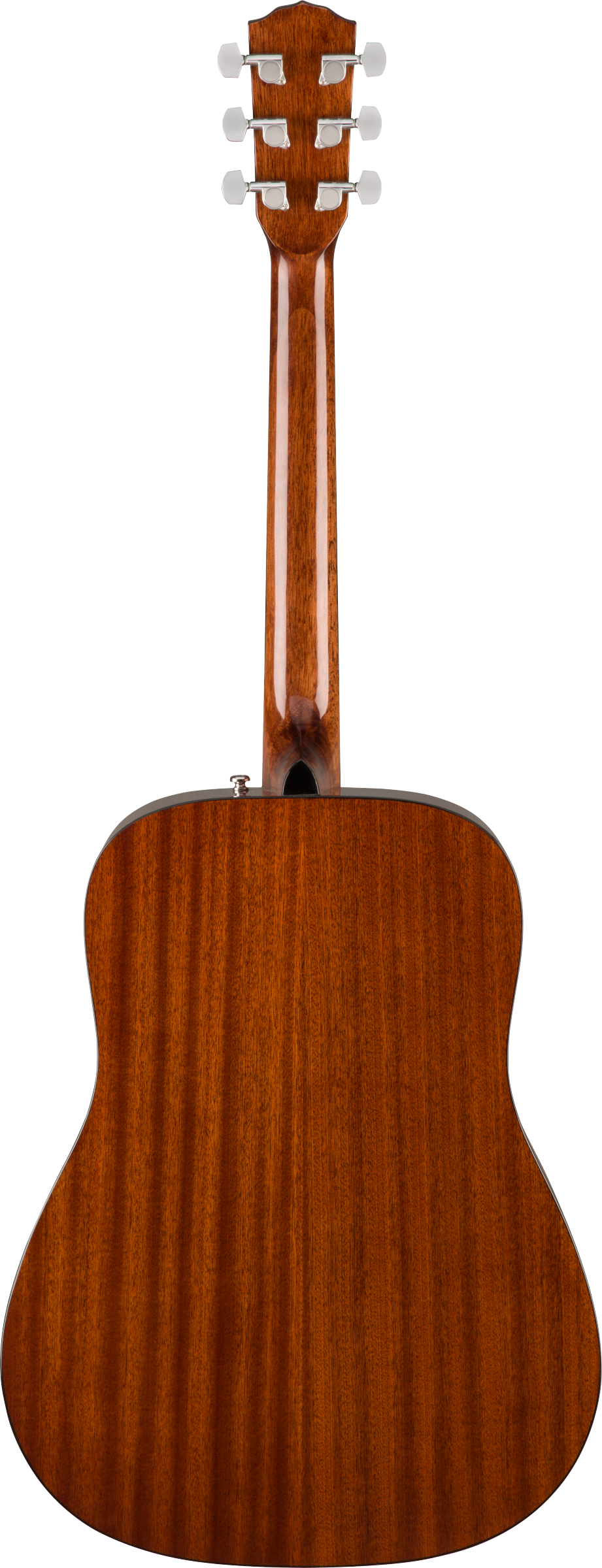 The image shows the back of a dreadnought-style acoustic guitar with a rich reddish-brown wood grain finish and glossy surface. It features six chrome tuning pegs in a 3+3 layout and an end pin jack, indicating it’s an acoustic-electric model. The guitar has clean lines and professional hardware, suggesting mid-to-upper range quality suitable for serious players.