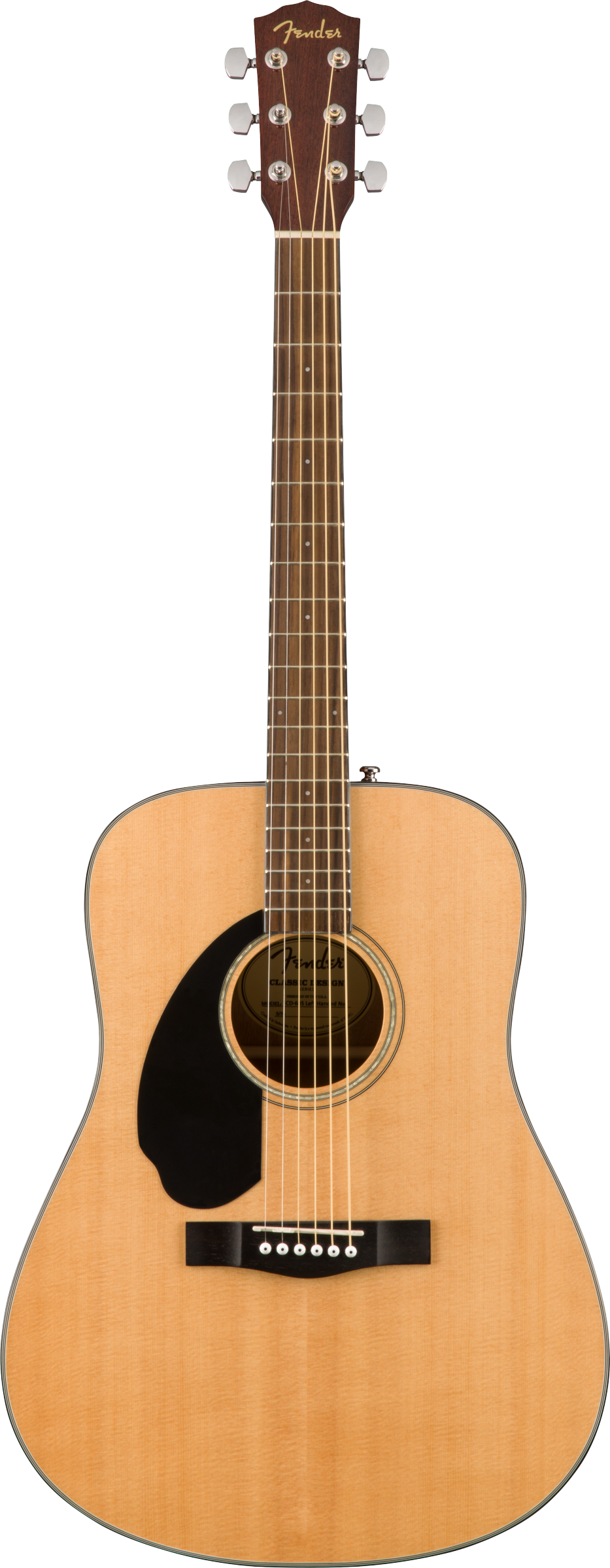 The image shows a Fender dreadnought acoustic guitar with a natural wood finish. It features a spruce top, dark rosewood headstock and fretboard with white inlays, six steel strings, a black pickguard, circular sound hole with rosette, white bridge pins, and chrome tuning machines with cream knobs. This entry-to-intermediate model suits various styles like folk, country, rock, and general acoustic playing.