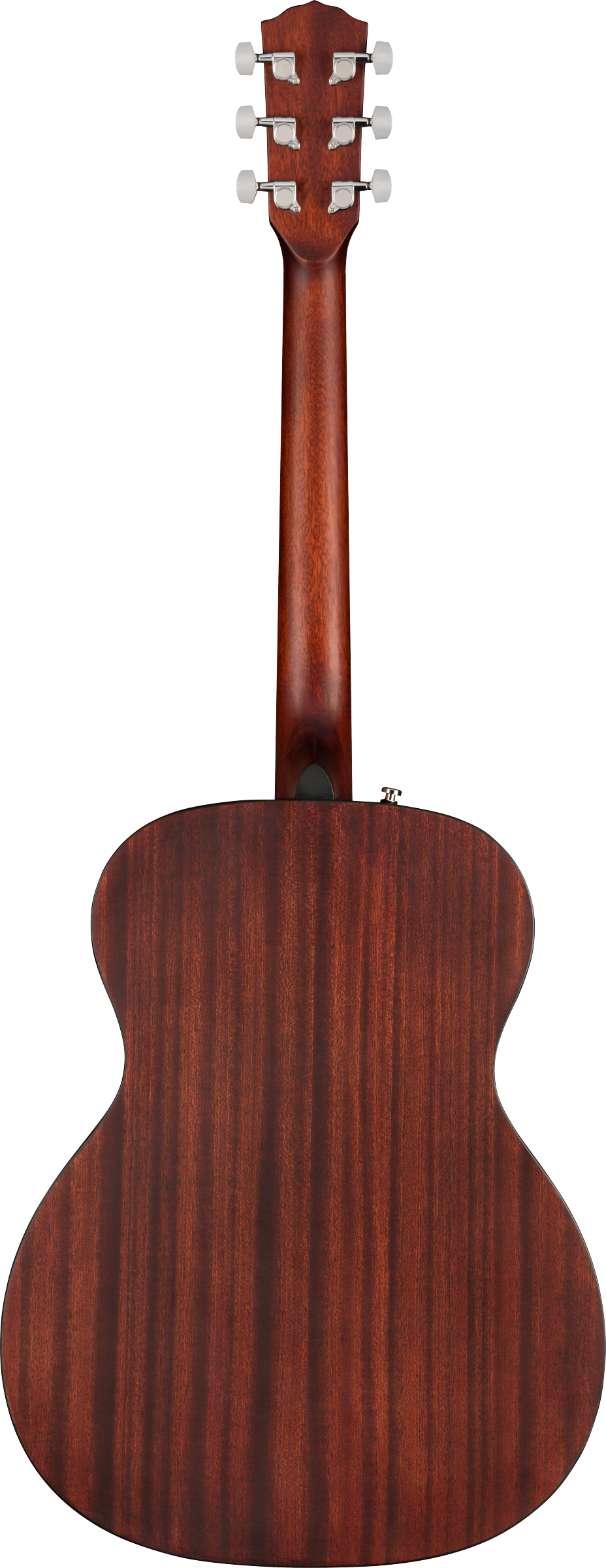 The image shows the back view of a 6-string acoustic-electric guitar with a reddish-brown wood finish and visible grain. It features a headstock with six tuning pegs, a long wooden neck, and a classic curved body shape. An output jack on the side indicates it can connect to an amplifier. The guitar's craftsmanship highlights a natural, polished appearance, making it suitable for various music styles.