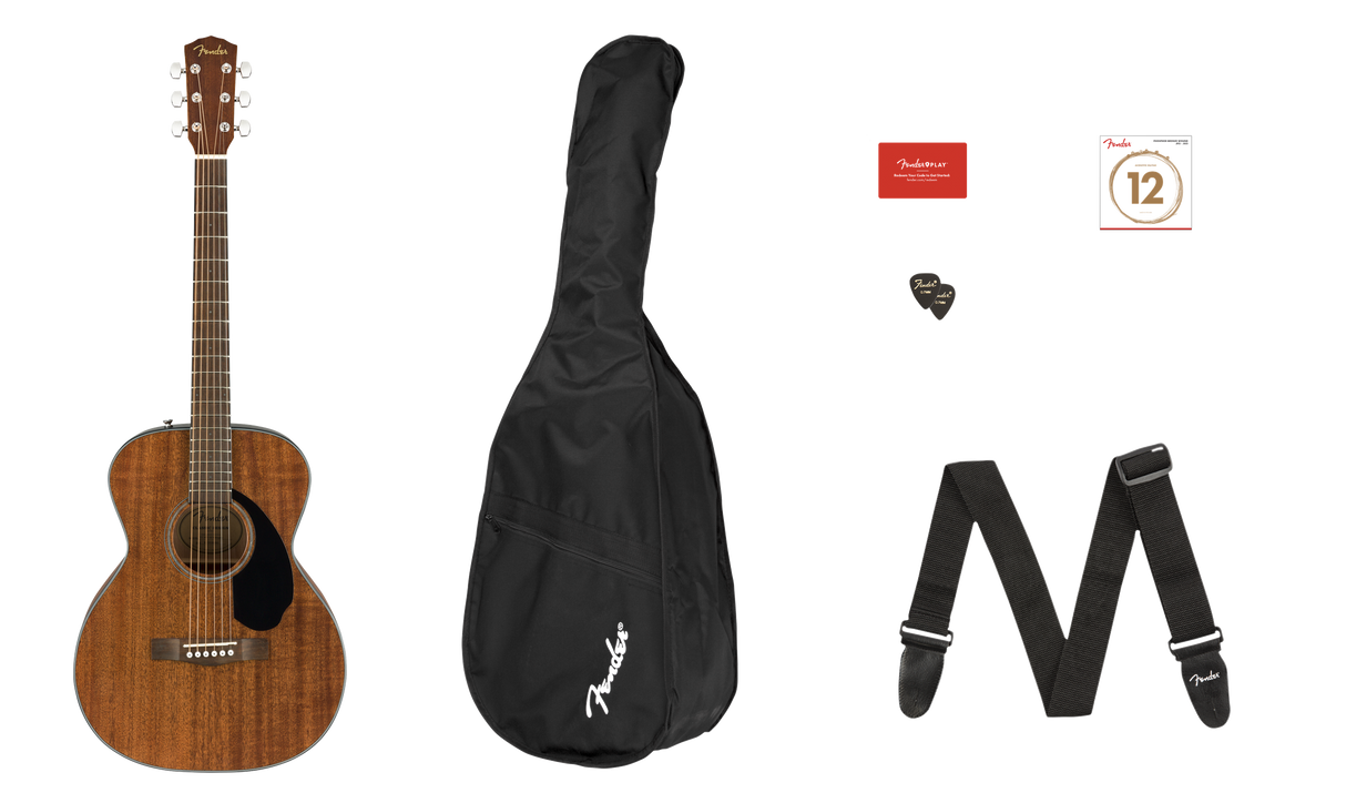 The image shows a Fender acoustic guitar starter kit featuring a natural wood finish dreadnought guitar with a black pickguard, a black soft gig bag with Fender logo, an adjustable black Fender strap, a black Fender guitar pick, a pack of light gauge Fender strings, and a red Fender Play card for online lessons. This complete bundle provides essential gear for beginner guitarists.