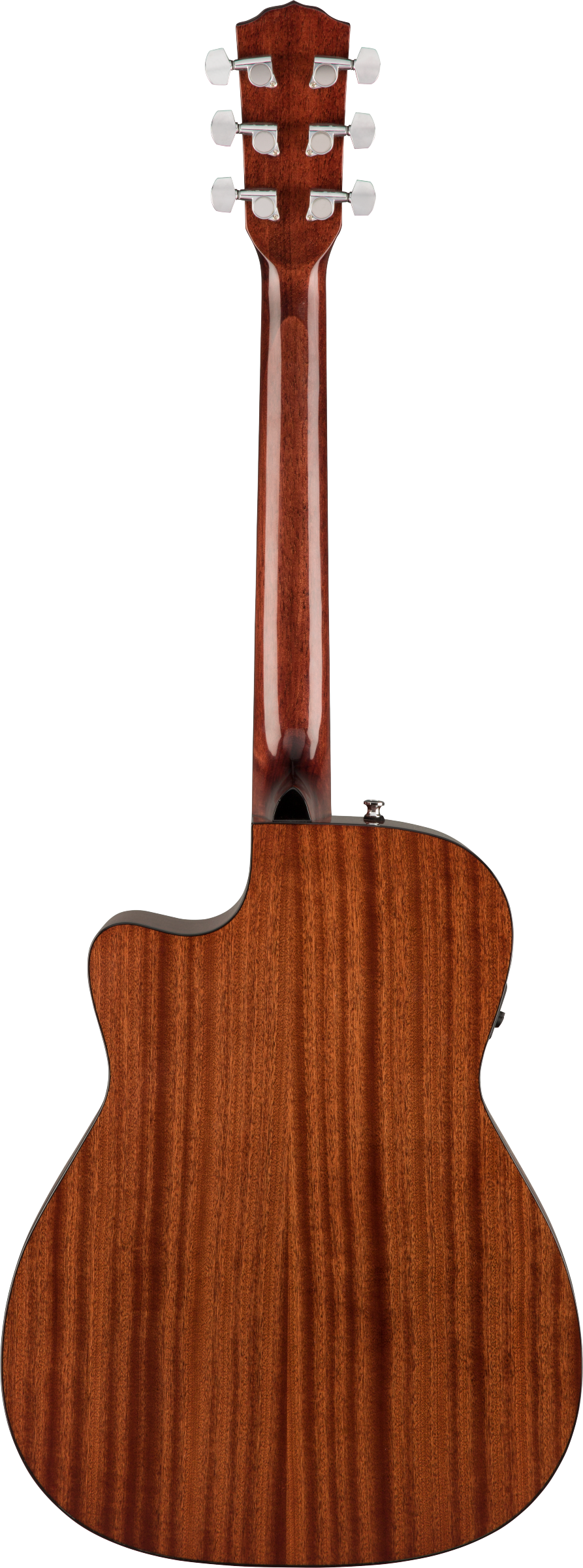 The image shows the back of a high-quality acoustic-electric guitar with a mahogany or similar reddish-brown wood body and visible grain. It features a cutaway design for easy access to higher frets, six chrome tuning pegs, and an output jack for amplification. The guitar has a professional satin or semi-gloss finish, indicating good craftsmanship and versatility for various musical styles.