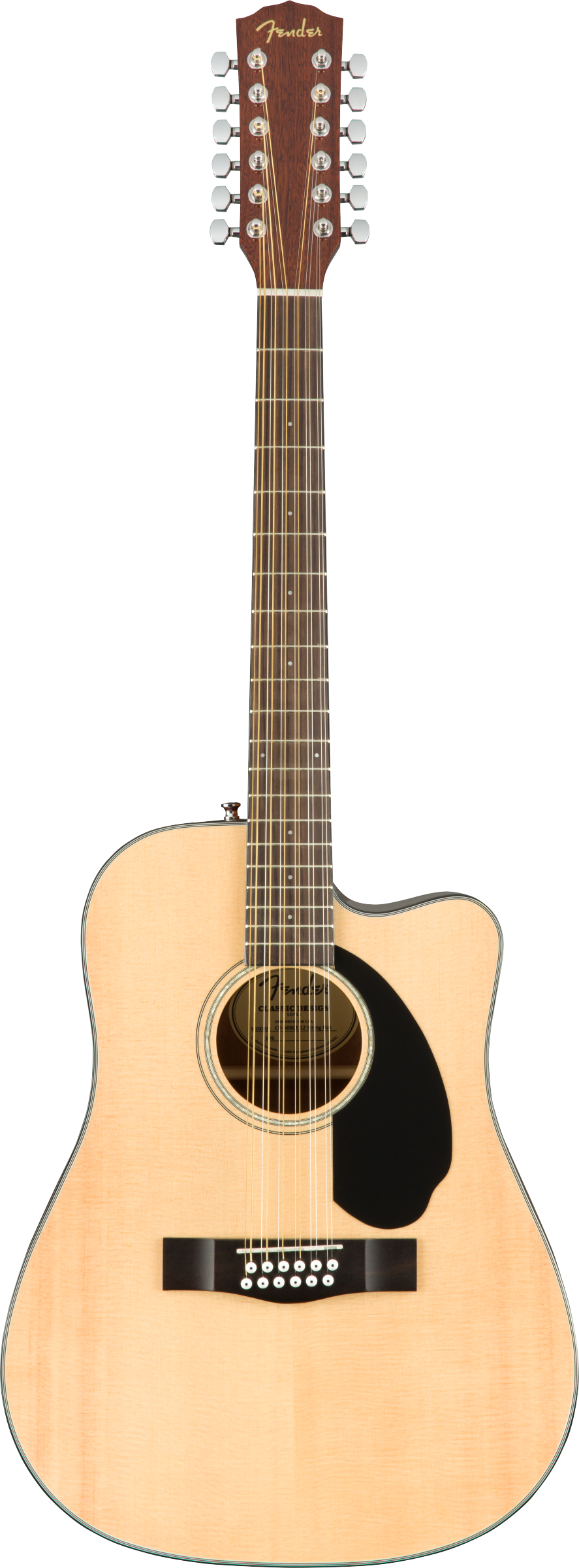 The image shows a Fender 12-string acoustic guitar with a natural blonde finish and dreadnought body. It features 12 strings in six pairs, a black teardrop-shaped pickguard, and 12 gold tuning pegs on the headstock with Fender branding. The cutaway design allows easier access to higher frets, suggesting it is an acoustic-electric model. The paired strings create a rich, shimmering sound typical of 12-string guitars.