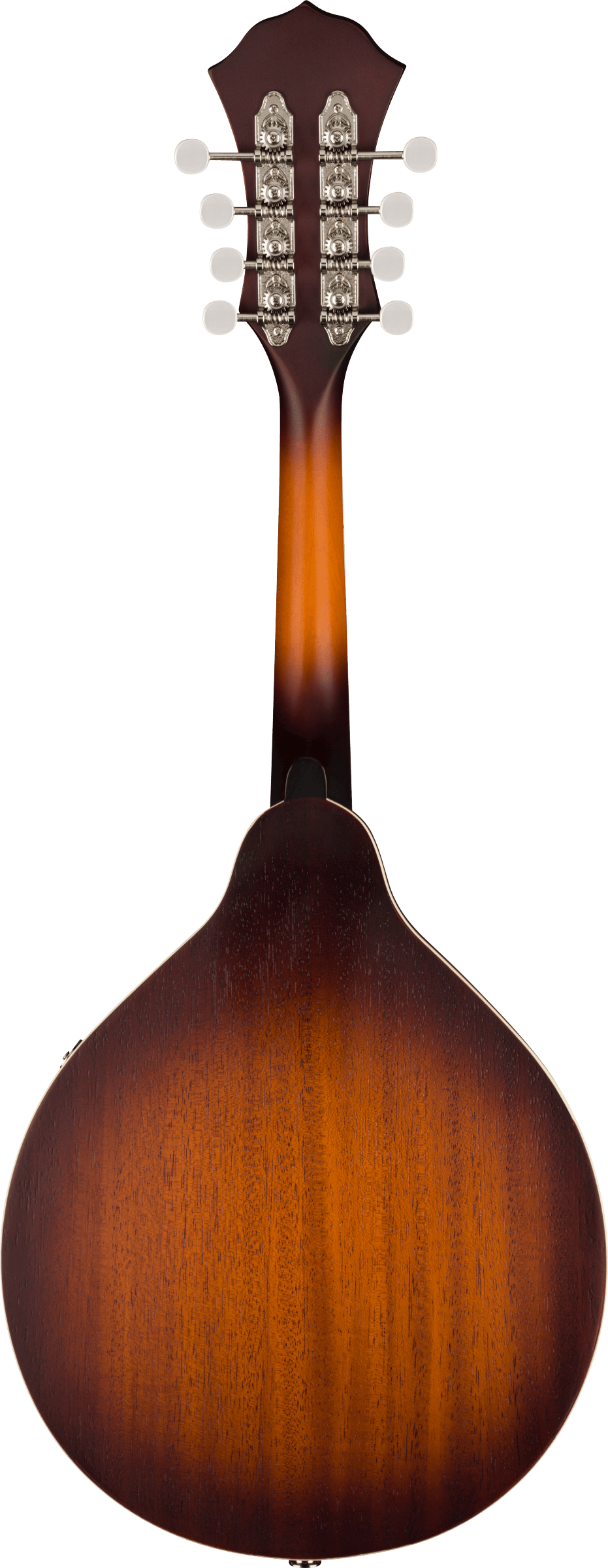 The image shows the back of a mandolin with a teardrop-shaped body featuring a sunburst wood finish, fading from amber in the center to dark brown at the edges. It has a wooden neck matching the body finish and a headstock with 8 chrome tuning pegs arranged in pairs, each with cream-colored buttons.
