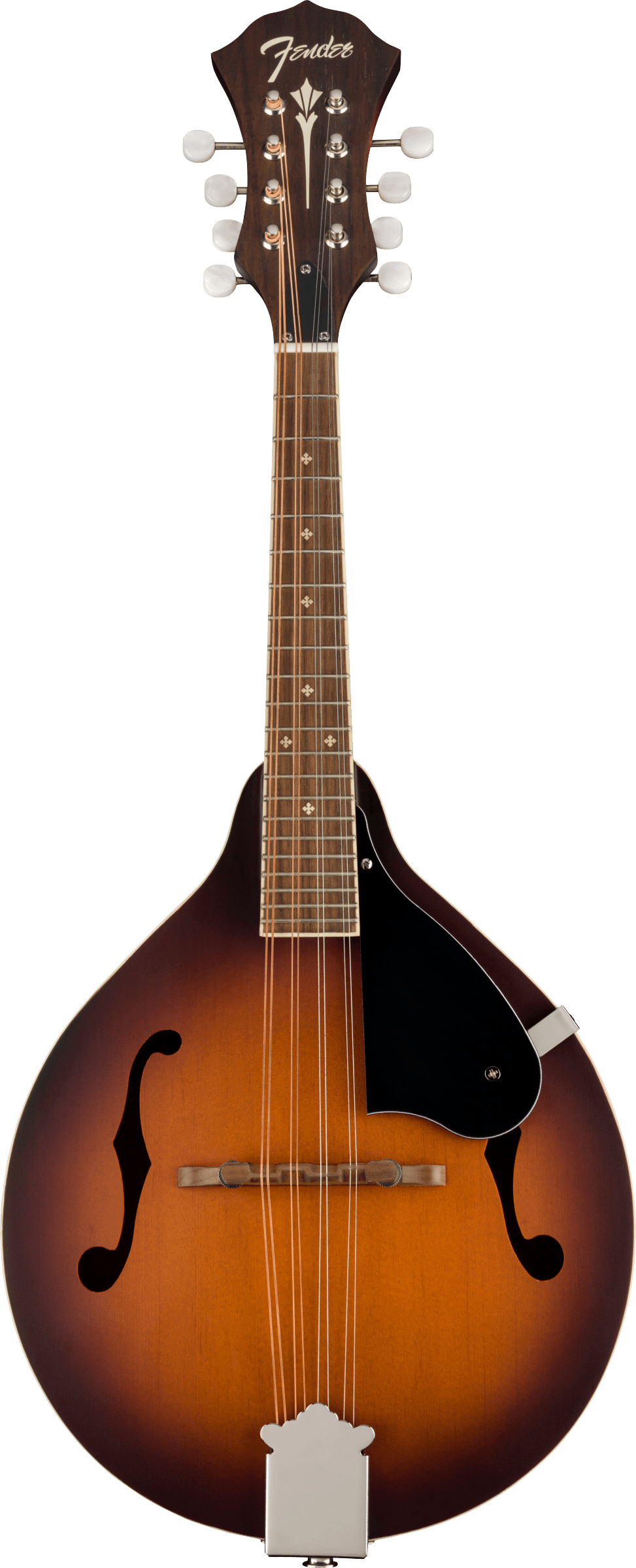 The image shows a Fender mandolin with a teardrop-shaped body and f-holes, featuring a sunburst finish from amber to dark brown. It has eight tuning pegs in pairs, the Fender logo on the headstock, a fretted neck with dark wood fingerboard and inlay markers, a black pickguard, and a tailpiece. This acoustic mandolin is tuned like a violin (G-D-A-E) with doubled strings, producing a bright, percussive sound.