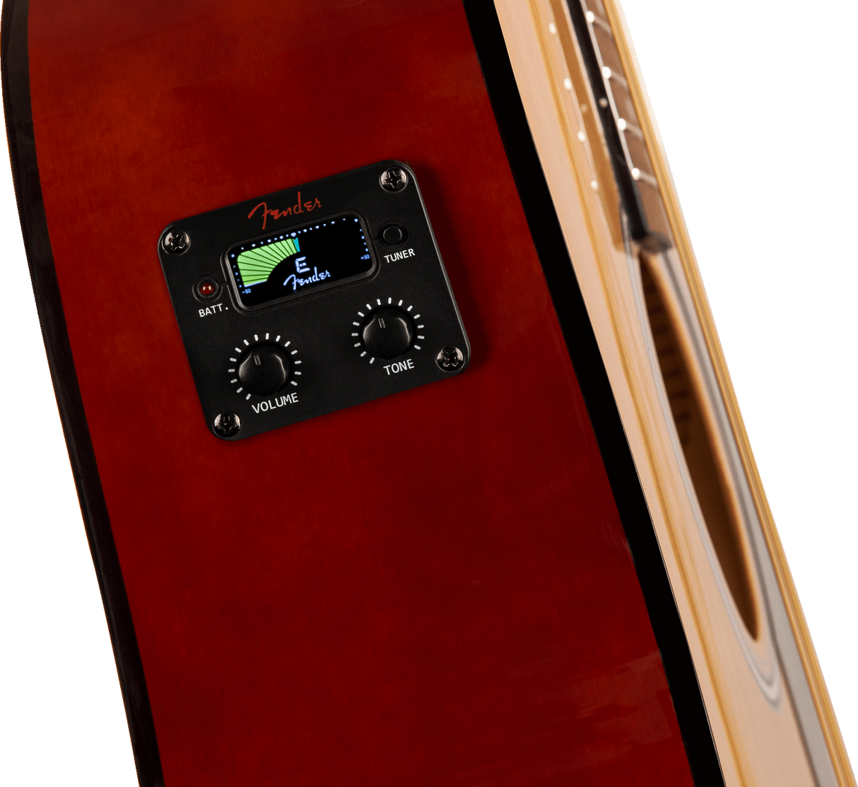 The image shows a close-up of a Fender preamp/pickup system installed in a red/burgundy acoustic-electric guitar. The black control panel features a digital LCD tuner with green lights, the Fender logo, two knobs labeled "VOLUME" and "TONE," a "TUNER" button, and a battery indicator. This electronics system enables amplification and tuning while preserving the guitar's acoustic tone for live or recording use.